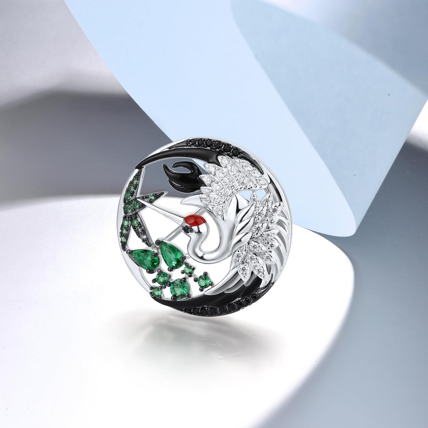 Santuzza 925 Sterling Silver Enamel Flying Red Crowned Crane Brooch Green Glass Cubic Zirconia Bird Brooch for Women