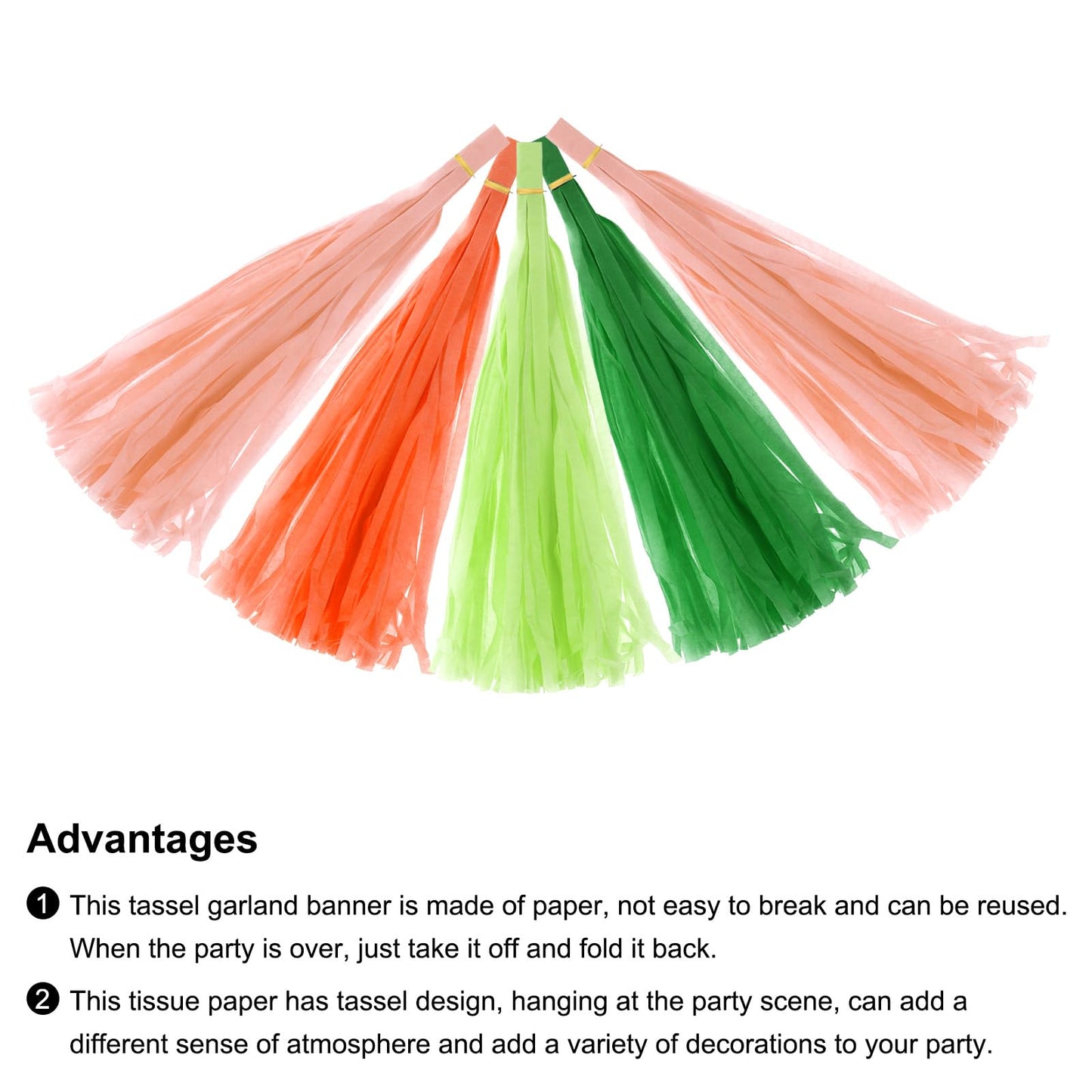 MECCANIXITY 40Pcs Dark Green, Glass Green, Bright Orange, Peach Pink Tassel Garland Banner with Rope Tissue Paper Tassels Party DIY Kits for Anniversary Wedding Birthday Party