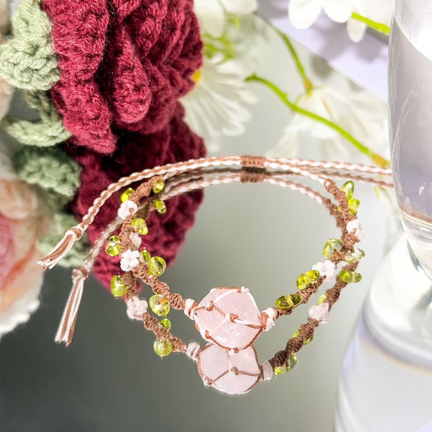 OKQEF Rose Quartz Bracelet Crystal Bracelets for Women Graduation Bracelet Mothers Day Adjustable Braided Natural Crystal Healing Raw Stone Bracelets