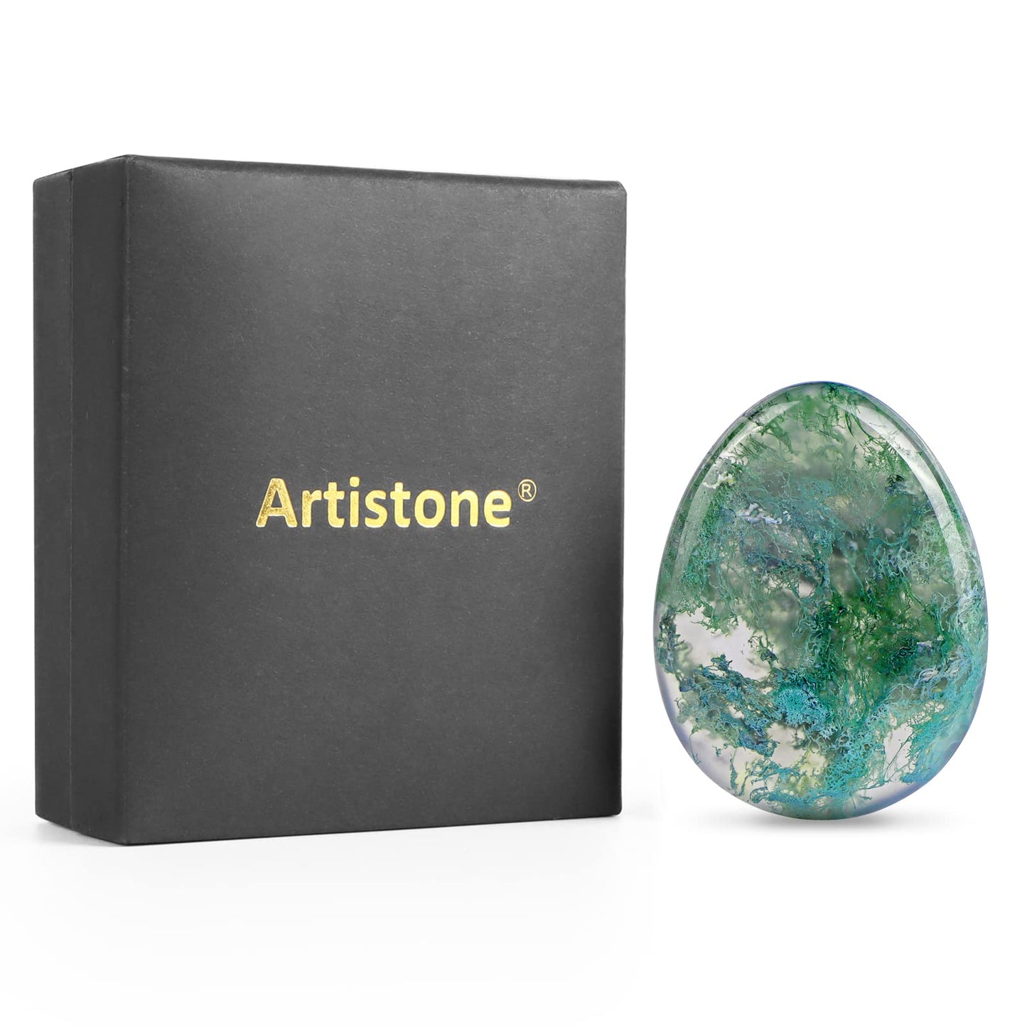 Artistone Moss Agate Crystal Chakra Thumb Worry Stone Teardrop Reiki Healing Stone Pocket Palm Stones for Anxiety Stress Relief Meditation Therapy Geometry Home Decor
