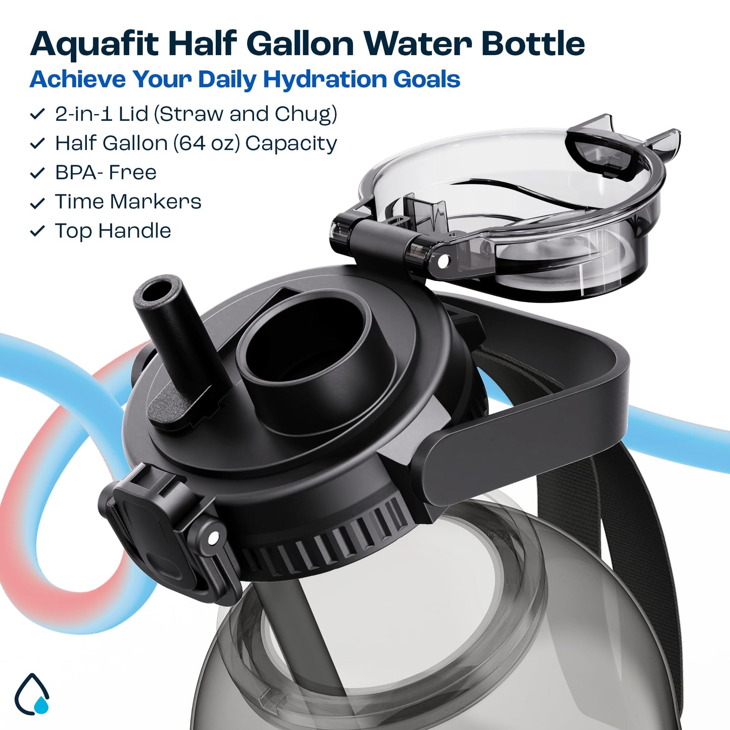 AQUAFIT 64 oz Water Bottle with Time Marker - 2in1 Straw & Chug Lid - BPA Free Big Water Bottle with Straw - Gym Water Bottle with Strap - Water Jug (64 Ounces, Gray)