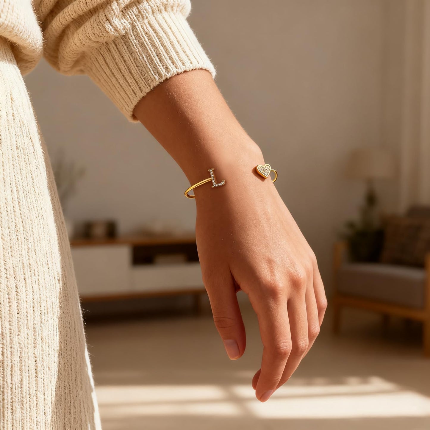 BXDA Trendy Gold Plated Heart Initial L Cuff Bangle Bracelet for Women, Handmade Statement Cubic Zirconia Stackable Open Letter Bracelets Fashion Jewelry Accessories Gift