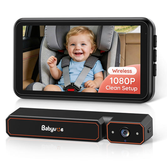 Babyvue Wireless Baby Car Camera, Easy 2-Step Setup, 5.2" Display, 1080P HD IR Night Vision, Clip-On or Strap Mount, 3X Zoom, Back Seat Camera for Baby