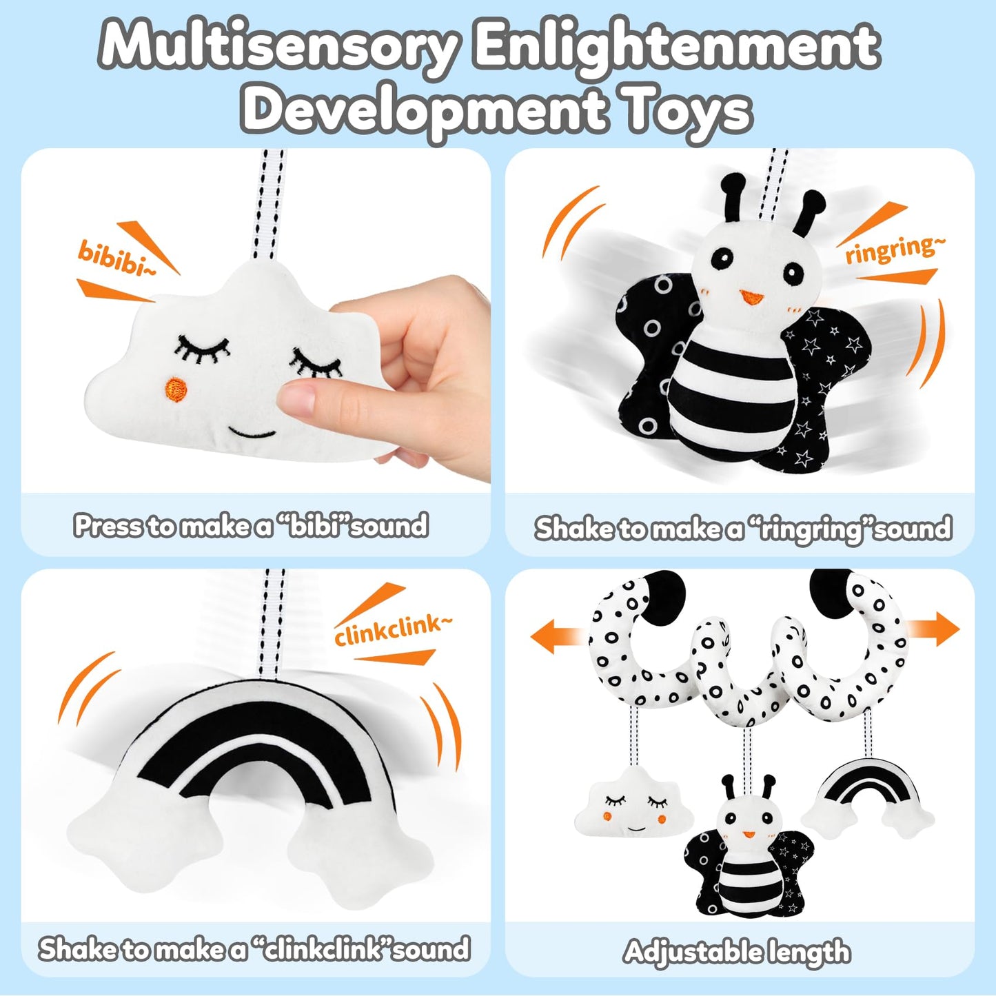 Car Seat Toy,Stroller Toys,Car Seat Toys for Babies 0-6 months Boy Girl,Spiral Hanging Stroller Black and White High Contrast Sensory Toy Newborn Plush Activity Toys Thank You Gifts for 0 3 6 9 Months