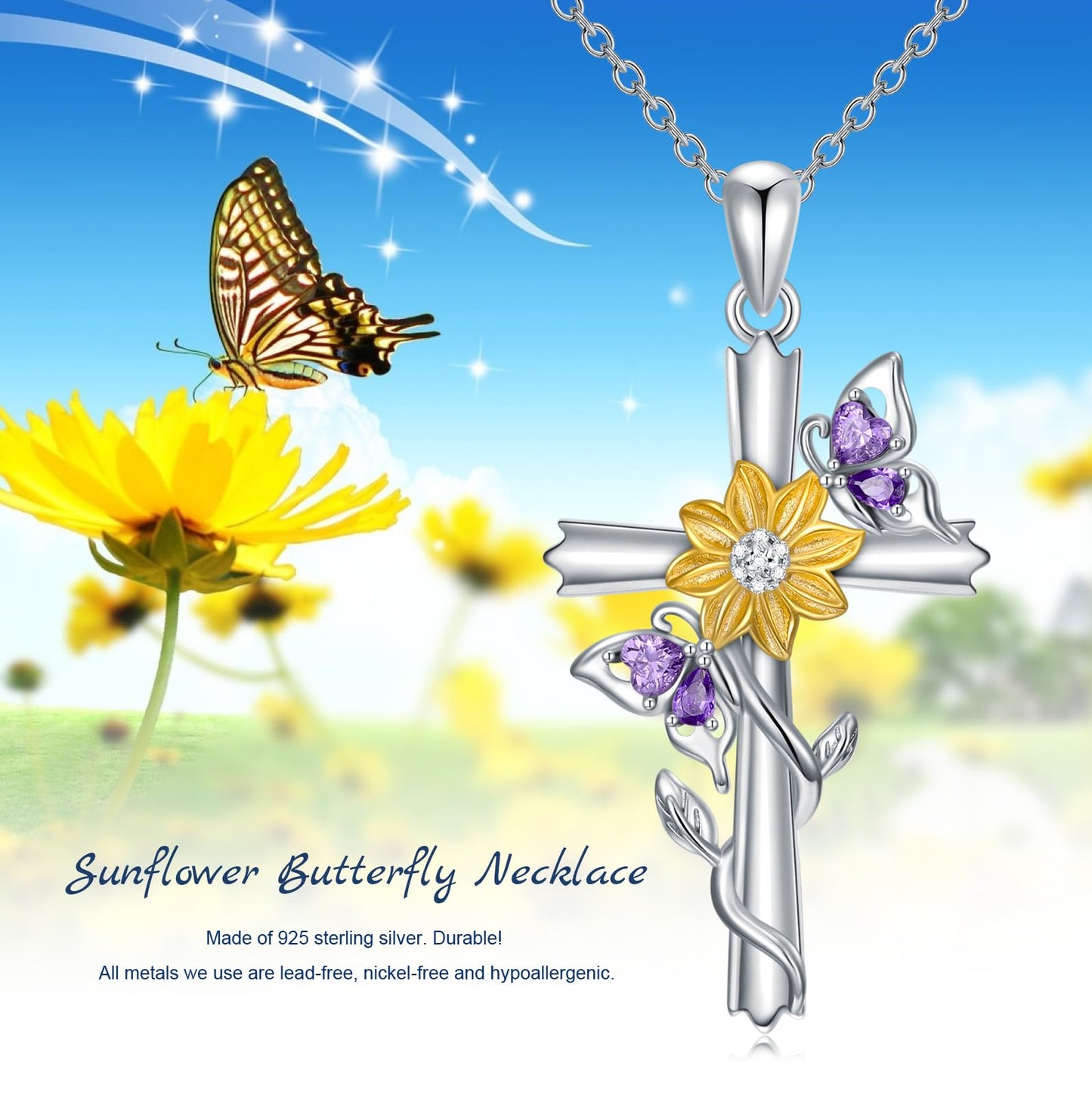 KoyeKei Butterfly Sunflower Necklace for Women 925 Sterling Silver Double Butterfly Cross Necklaces Pendant Christian Sunflower Jewelry Gifts Mothers Day Graduation Gift for Mom Wife Sister