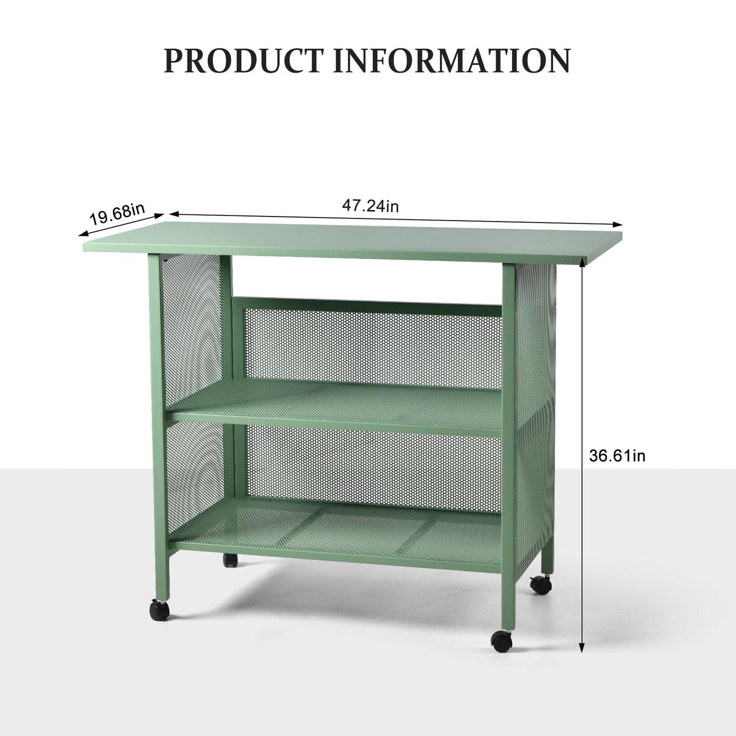 BOKKOLIK Industrial Kitchen Cart, 47.3x19.7x36.6 inches, 3-Tier Metal Rolling Serving Cart with Casters, Green