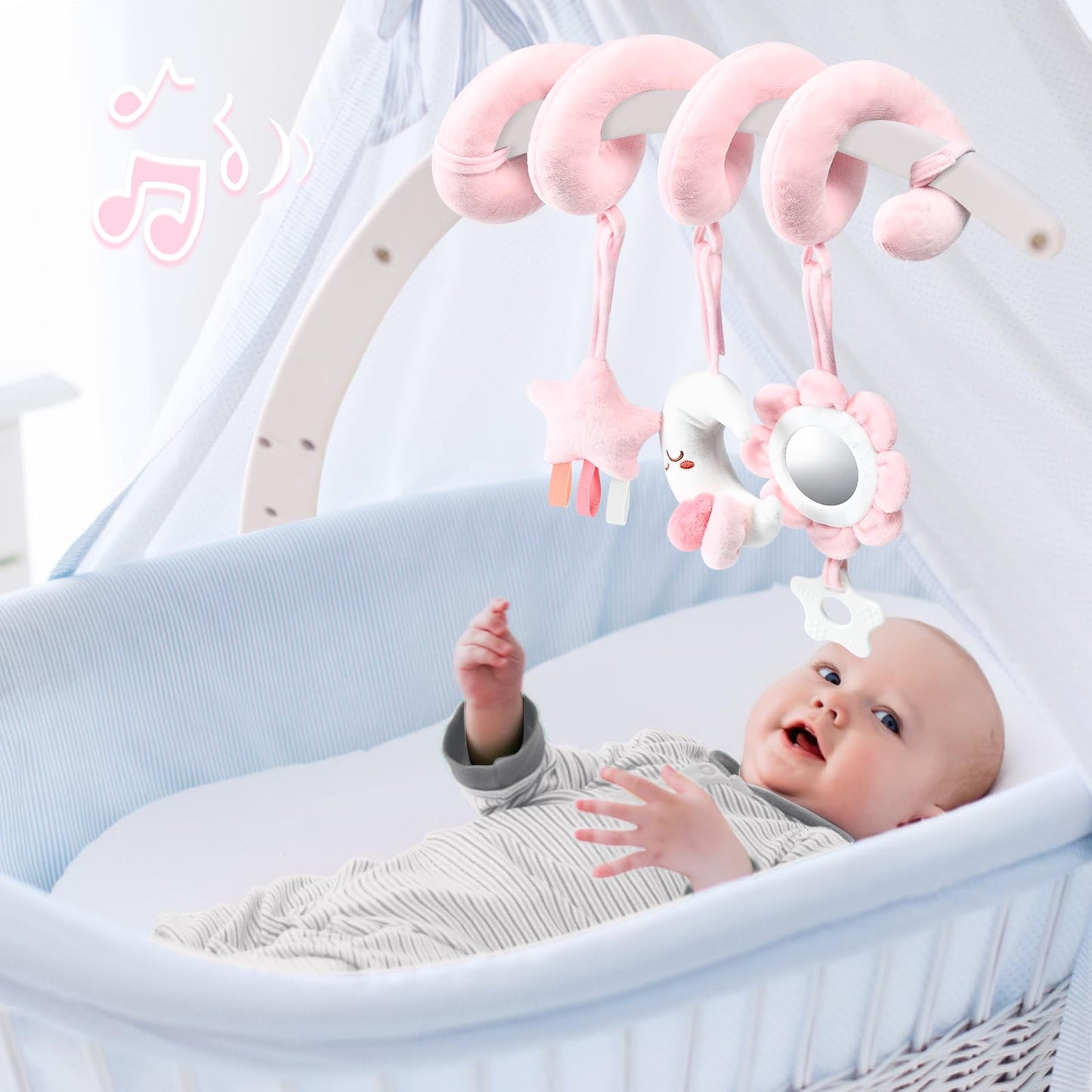 Yierchoo Spiral Car Seat & Stroller Activity Toy, Crib Hanging Rattles Toys for Ages 0-12 Months, Mirror, Textured Ribbons, Squeaky Carseat Stroller Toys, Newborn Baby Girl Gifts