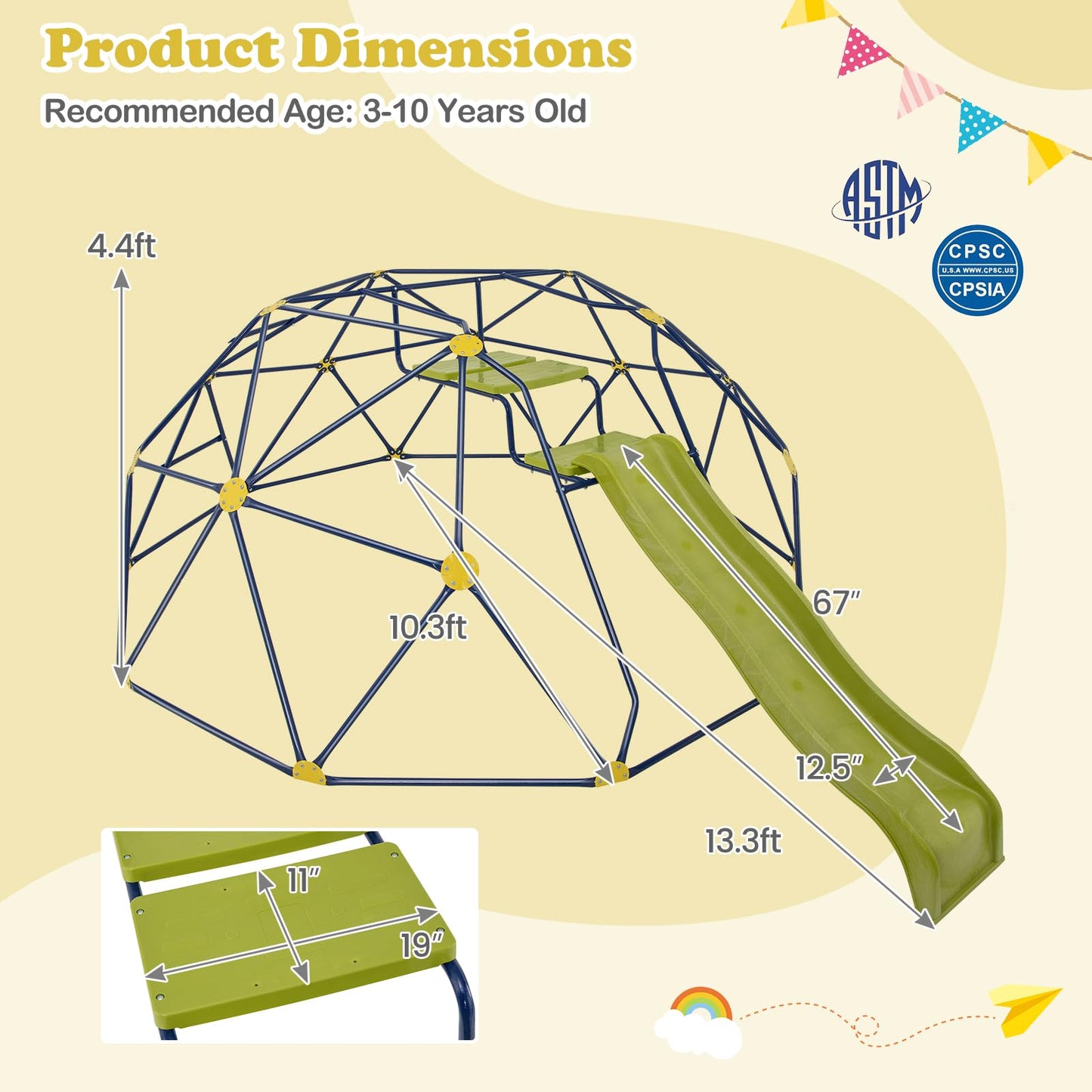 HONEY JOY Climbing Dome with Wave Slide, 13.3 FT Jungle Gym Monkey Bar for Backyard, Outdoor Climbing Toys for Toddlers Playground Equipment, Geometric Dome Climber for Boys Girls Age 3-8, Gift