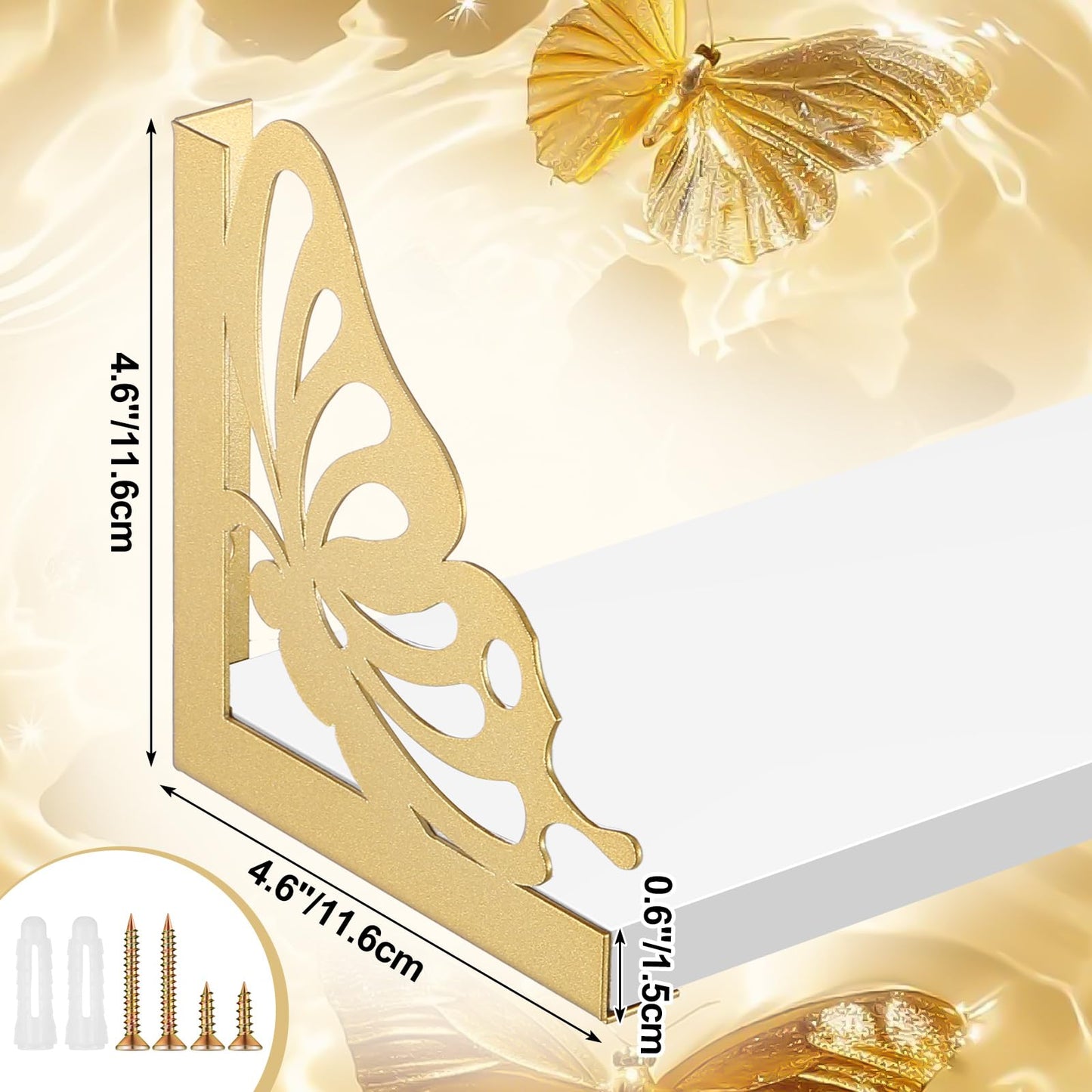 Colingmill 4 Pcs Decorative Gold Shelf Brackets Heavy Duty Antique Brass Shelf Brackets 4.6 Inch Butterfly Wall Mount Shelving Bracket for DIY Floating Shelves Living Room Bedroom Kitchen Decor