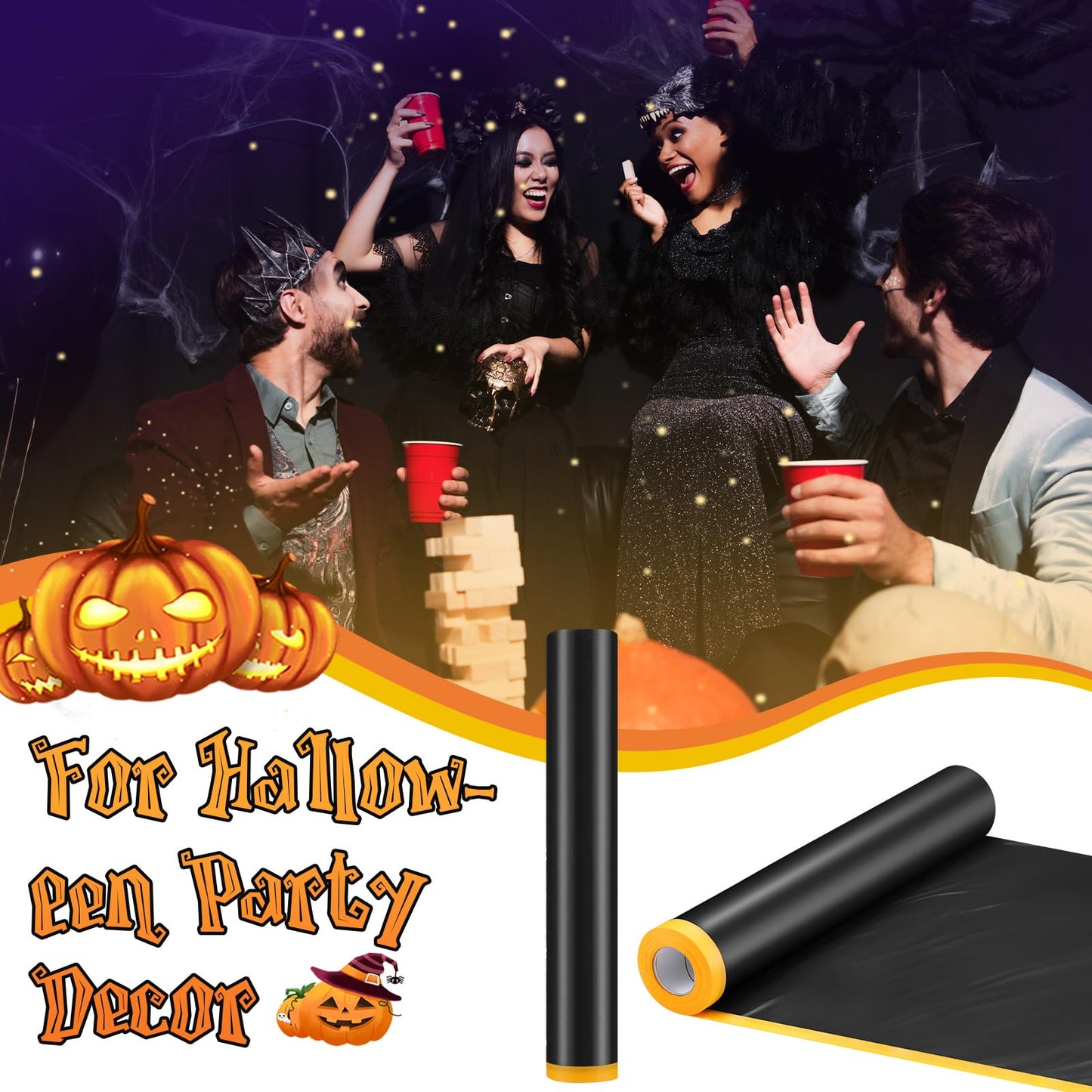 MotiMind 2 Rolls Halloween Black Plastic Sheeting for Haunted House 10 x 65 ft Spooky Giant Plastic Sheet Creepy Black Tarp for Halloween Party Supplies Decorations Haunted Decor