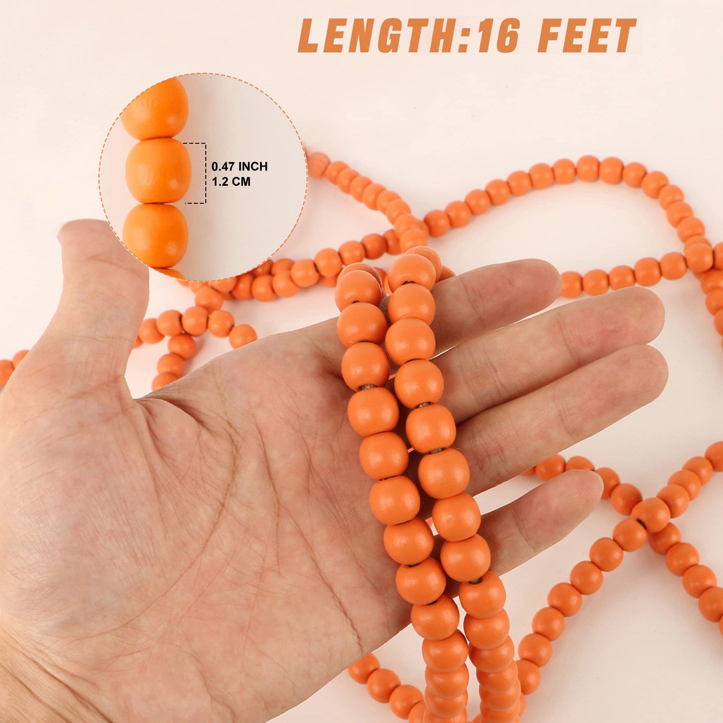 CVHOMEDECO. 16 Feet Wood Beads Garland with Tassels Farmhouse Rustic Wooden Decorative Bead String Wall Hanging Accent for Home Festival Decor. Orange