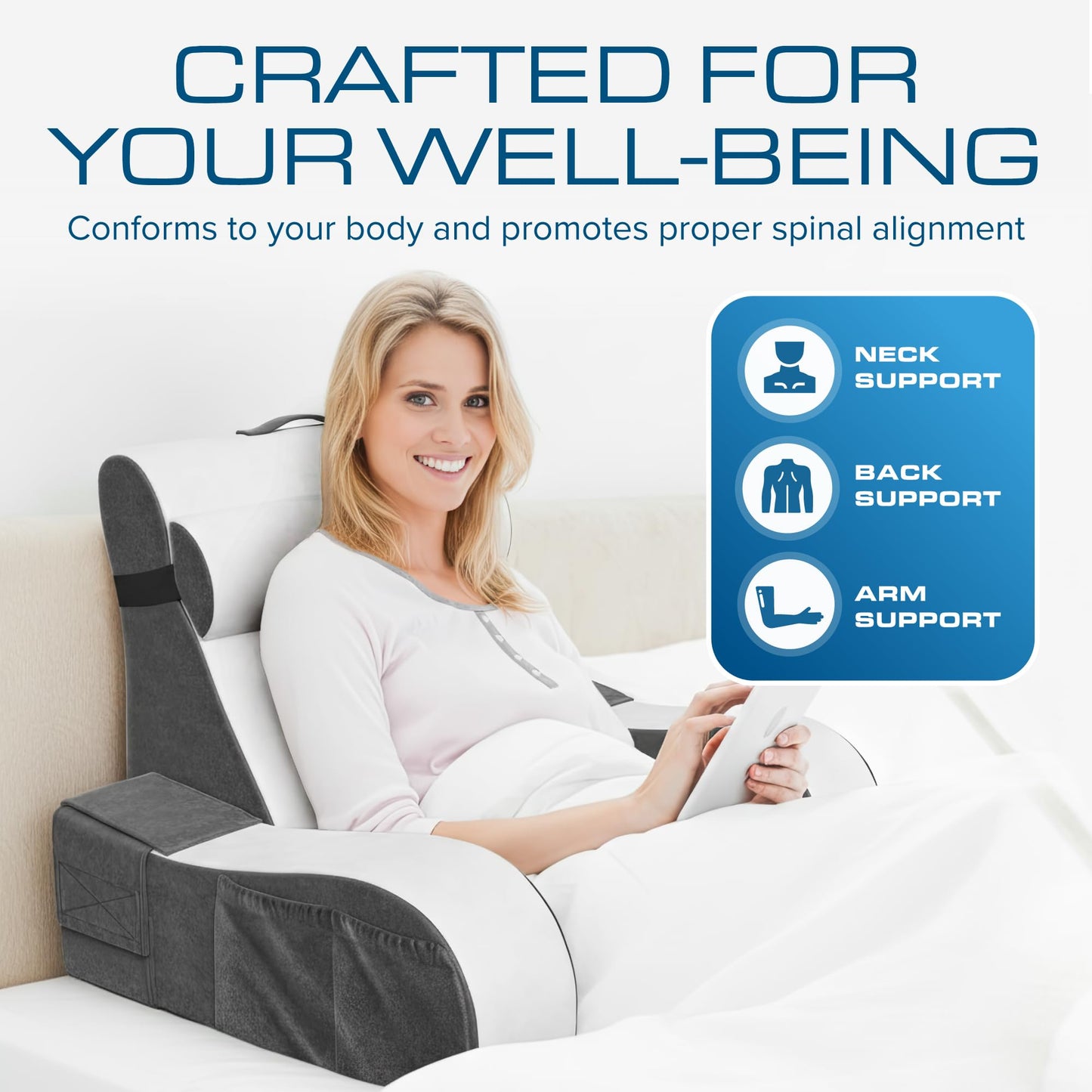 Kolbs Wedge Reading Pillow for Bed, Cushion with Arms for TV, Books, Nursing, Back - Bed Pillow for Sitting Up in Comfort, Plush Backrest. Bed Chair, Sit Up in Comfort (19" Gray/White)