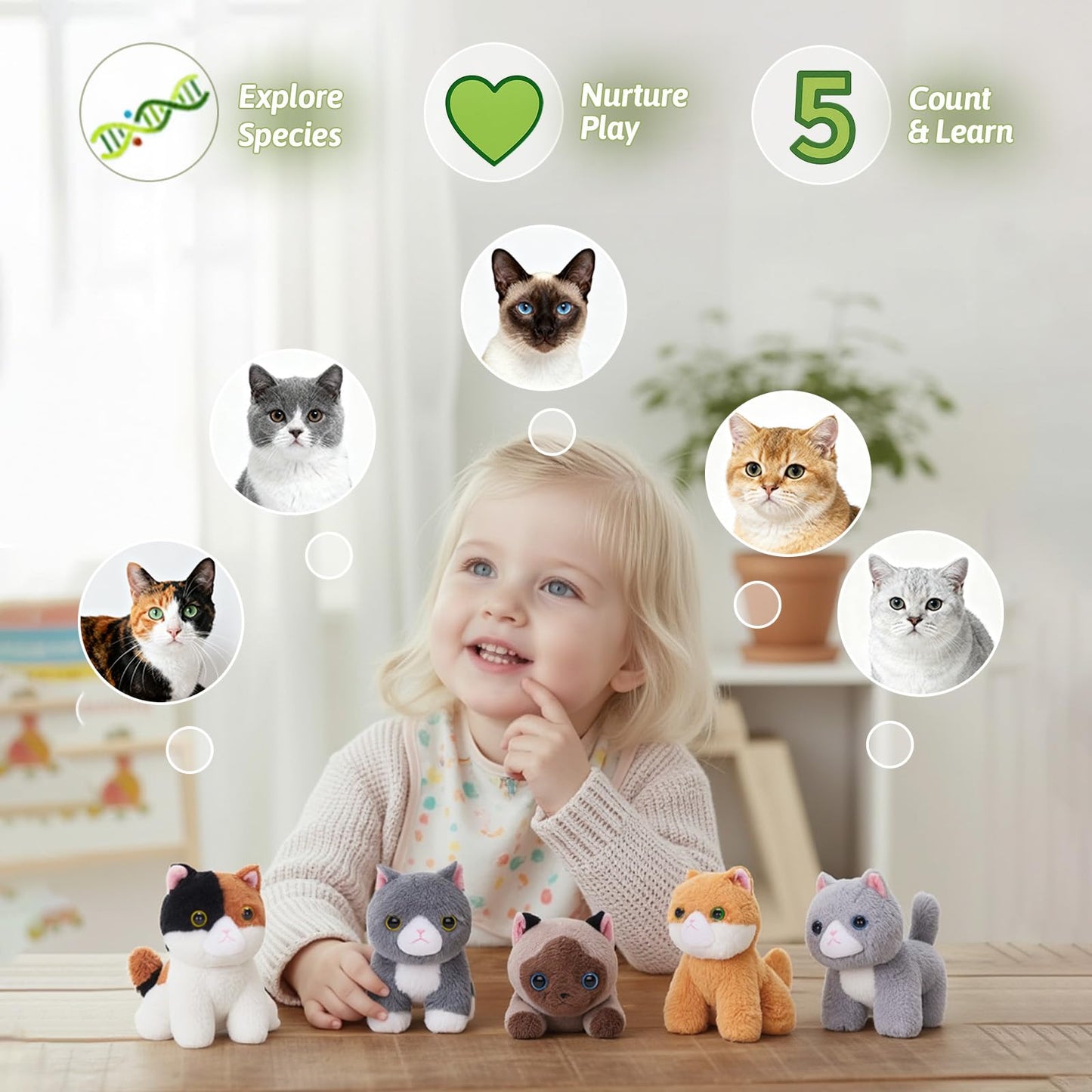 OUOZZZ Cat Stuffed Animal House – Plush Kitten Toy Set with 5 Soft Cats – Interactive & Travel-Friendly Kitties Carrier Playset for Toddlers & Kids – Huggable, Portable Birthday Gift for Baby Girls