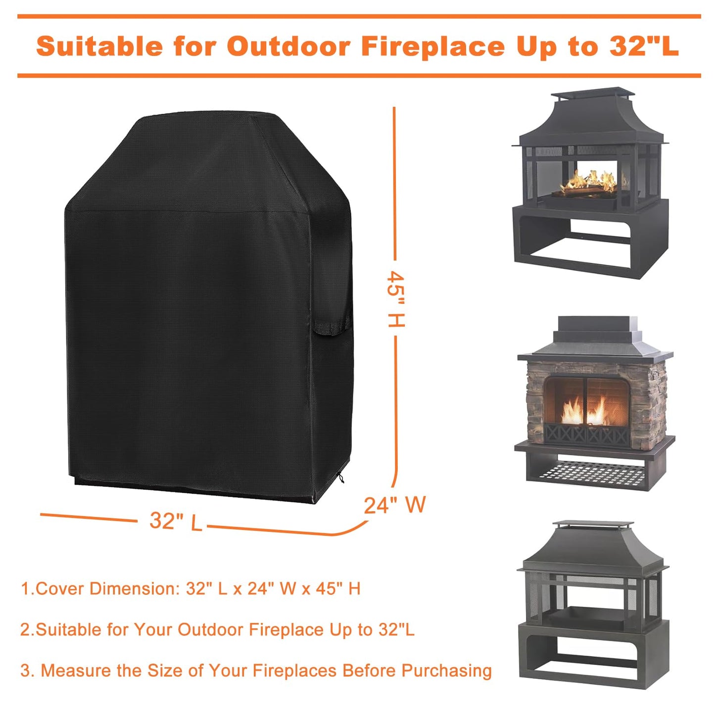 Outdoor Fireplace Cover, 32" L × 24" W × 45" H for Panovue Chiminea Fire Pit, 600D Heavy Duty Waterproof Square Chimineas Fireplace Cover for Patio Wood Burning Fireplaces