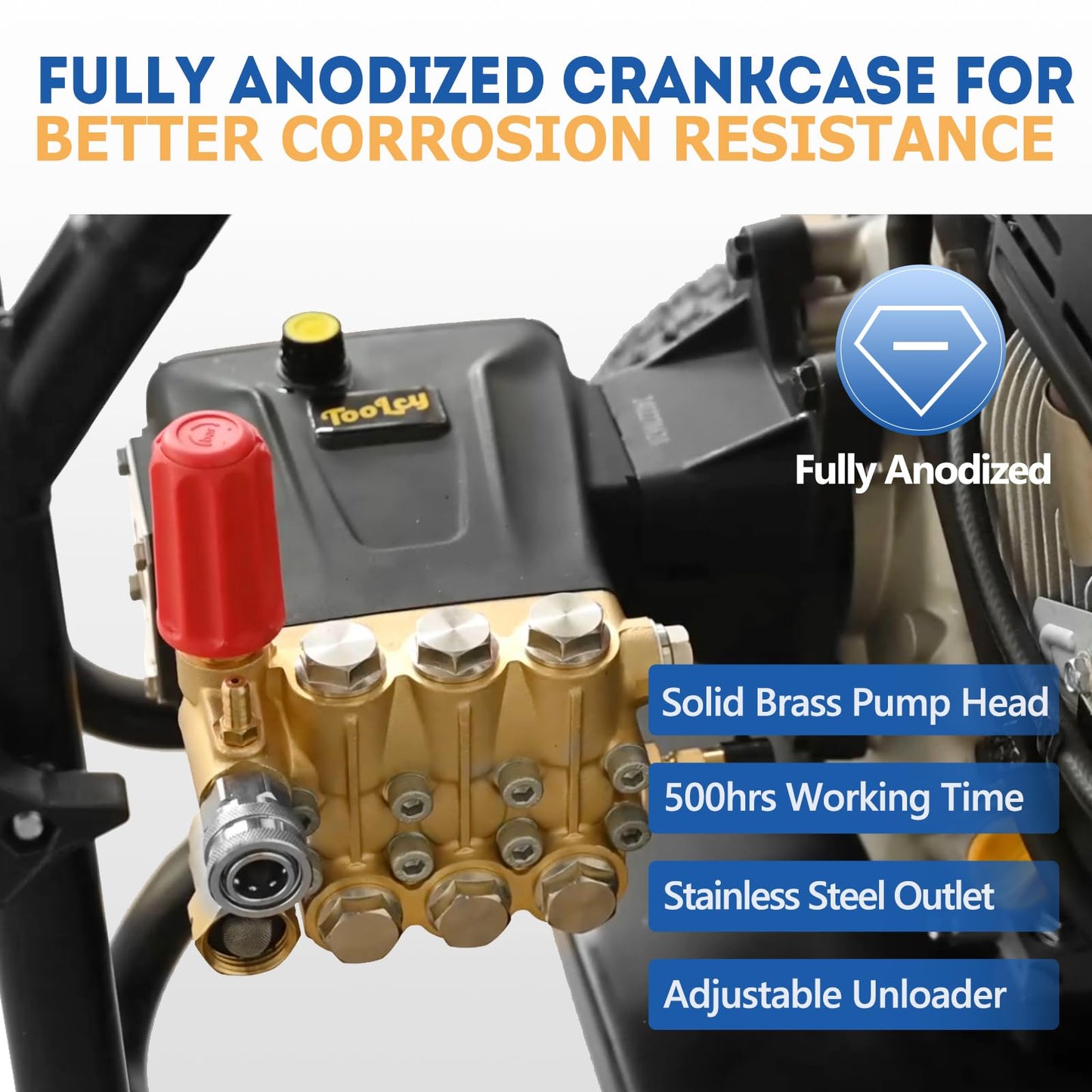 TOOLCY Pressure Washer Pump 3600-4400 PSI Max 4.4 GPM, 1 inch Shaft Horizontal Triplex Plunger Power Washer Pump Replacement, Direct Drive Pressure Pump with Unloader, 5 Nozzle Tips, M22-14mm Adapter