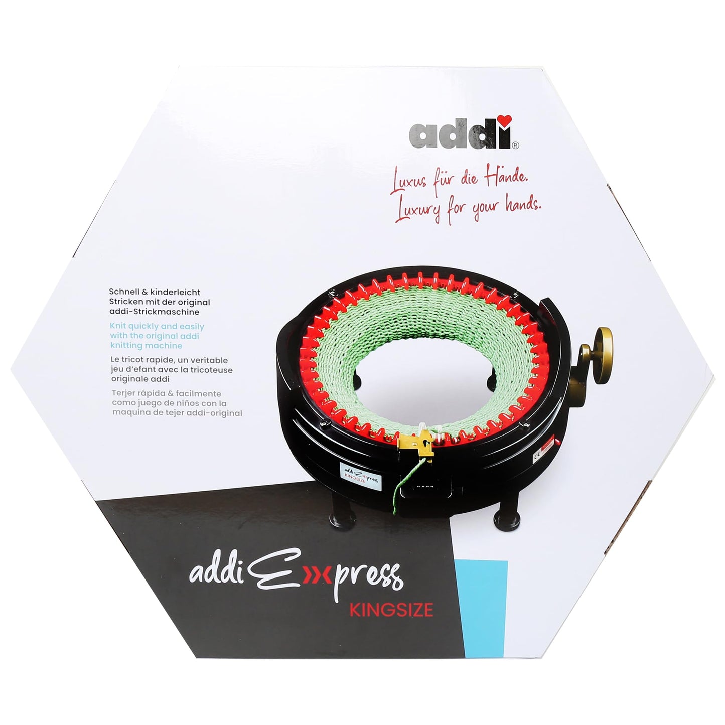 Addi Express King Size Knitting Machine Kit Extended Version with Manual Counter Includes: 46 Needles, Knitting Machine, Pattern Book, Express Hook, Replacement Needles, Stopper