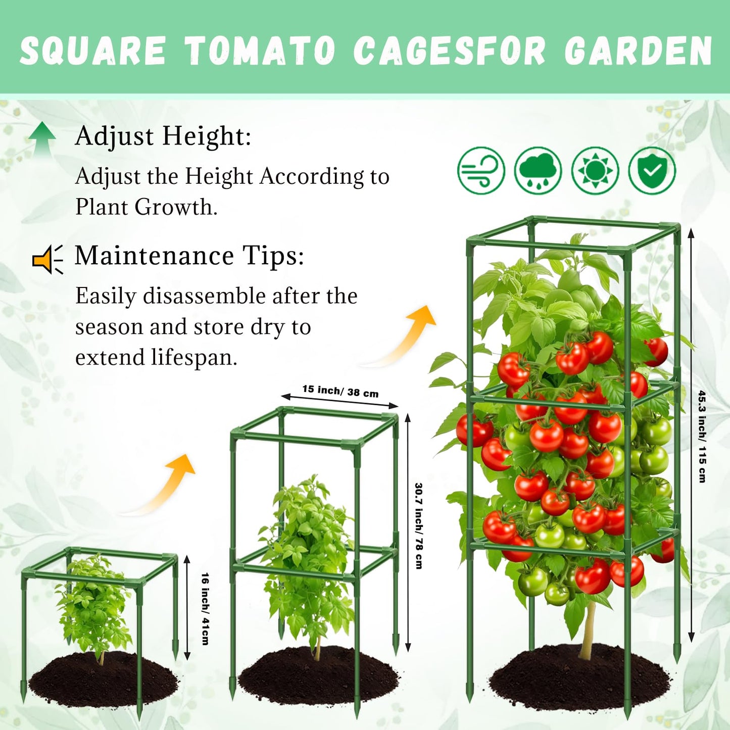 Riare 6 Pack Square Tomato Cages for Garden Plant Support- Up to 45 Inch Tomato Cage Garden Stakes Tomato Trellis for Potted Plants Raised Garden Bed Climbing Vegetables Flowers Outdoor Indoor