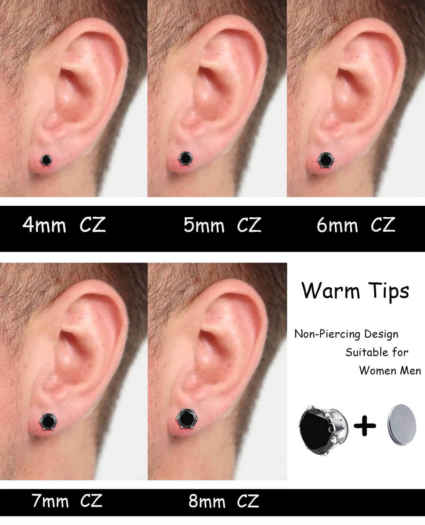 Ofeiyaa 15 Pairs Magnetic Stud Earrings Cubic Zirconia Non-Piercing Earrings Set Clip on Fake Earring Jewelry for Women Men 4-5-6-7-8MM White Black Blue Color