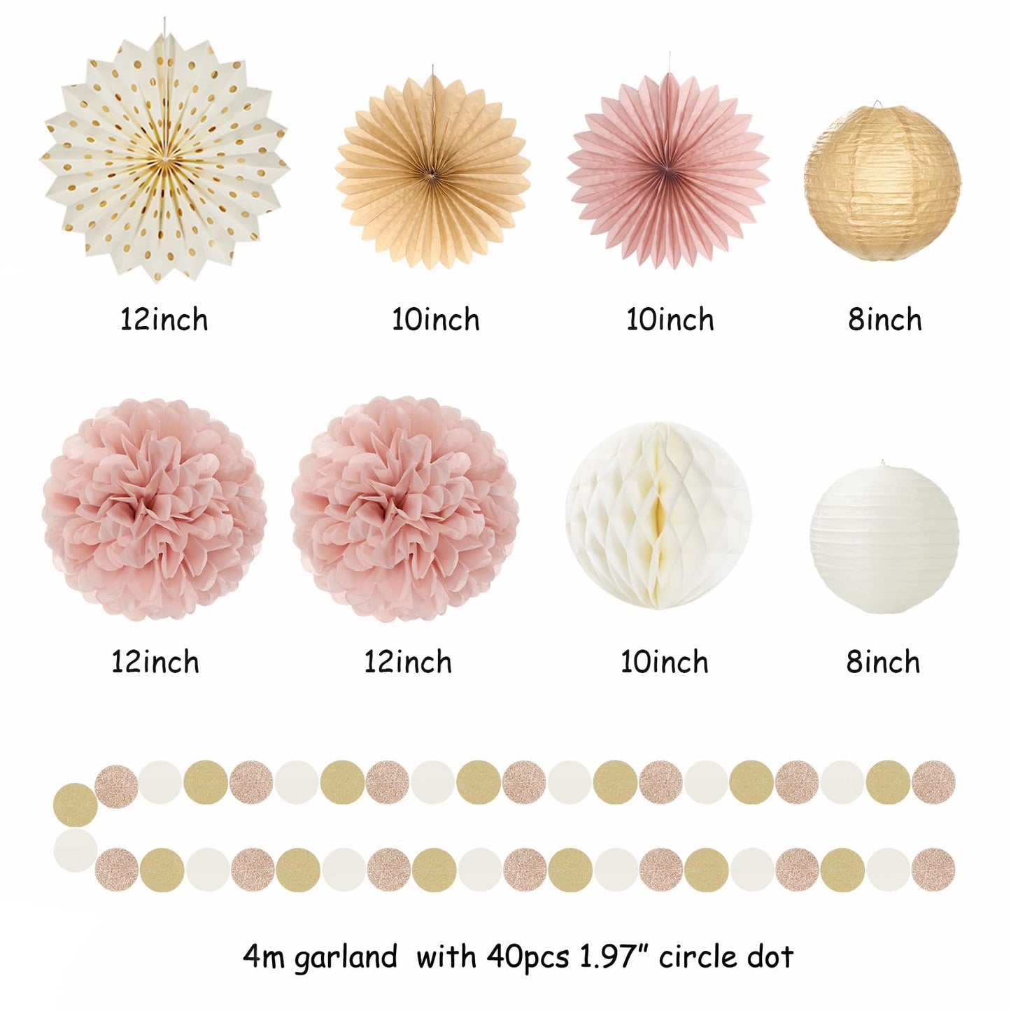 Pink Rose-Gold Champagne-Beige Birthday Party-Decorations - 19pcs Boho Rustic Streamers Banner,Paper Star Garland Lanterns Honeycomb Fan,Tissue Pom Poms,Wall Ceiling Backdrop Supplies Ouruola