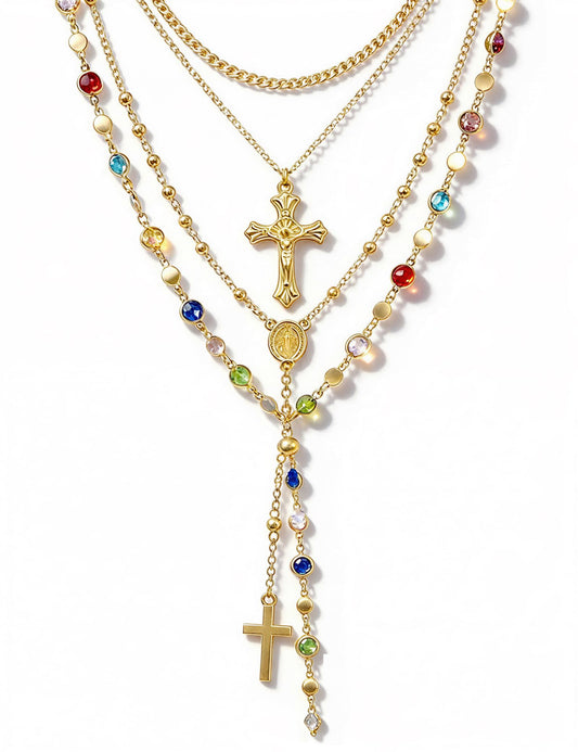 4PCS Layered Gold Cross Necklaces for Women Trendy, Bohemian Bead Pearl Y Long Pendant Necklace Set, Vintage Rosary Necklace Stack Adjustable Length