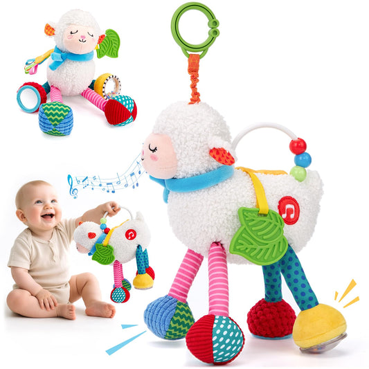 hahaland Baby Toys 0-6 Months - Baby Sensory Toys 0-3-6 Months Car Seat Toy Hanging - Musical Animals with Pull String Rattle Teether Crinkle Mirror, Crib Stroller Toy Tummy Time Babies Girl Boy Gifts