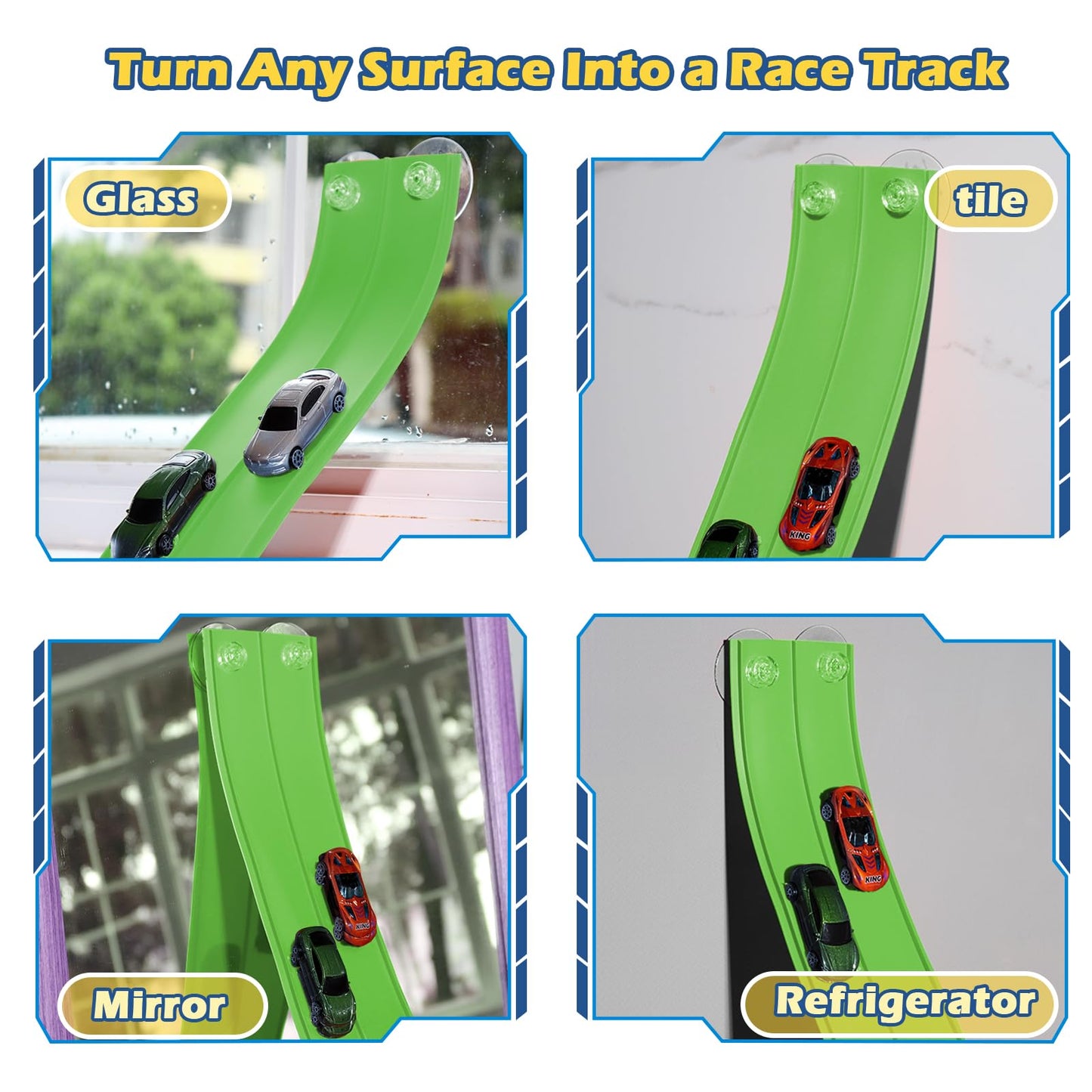 Upgrade Flexible Race Track Flex Tracks for Kids 3+, 15Ft Flexible Car Track Race Car Track Compatible with Diecast 1/64th Cars, Roll Up Race Ramp Toy with Strong Suction Cups