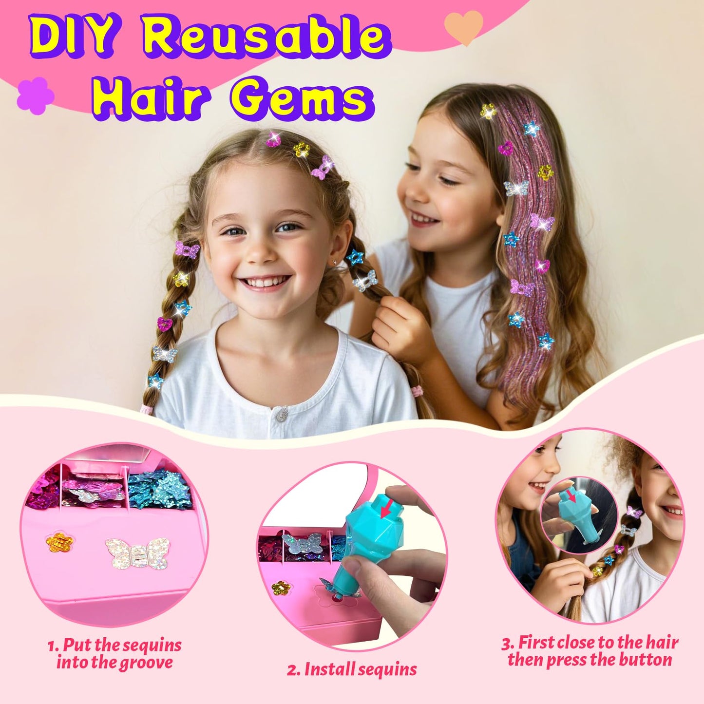 AOSITE Hair Gem Stamper, Girls Hair Bedazzler Kit with Hair Glitter Patch, 10 Pack Hair Jewel Stamper for Girls Toy, Hair Design Art Crafts Gift Ages 6-12, Reusable Hair Styling Tool
