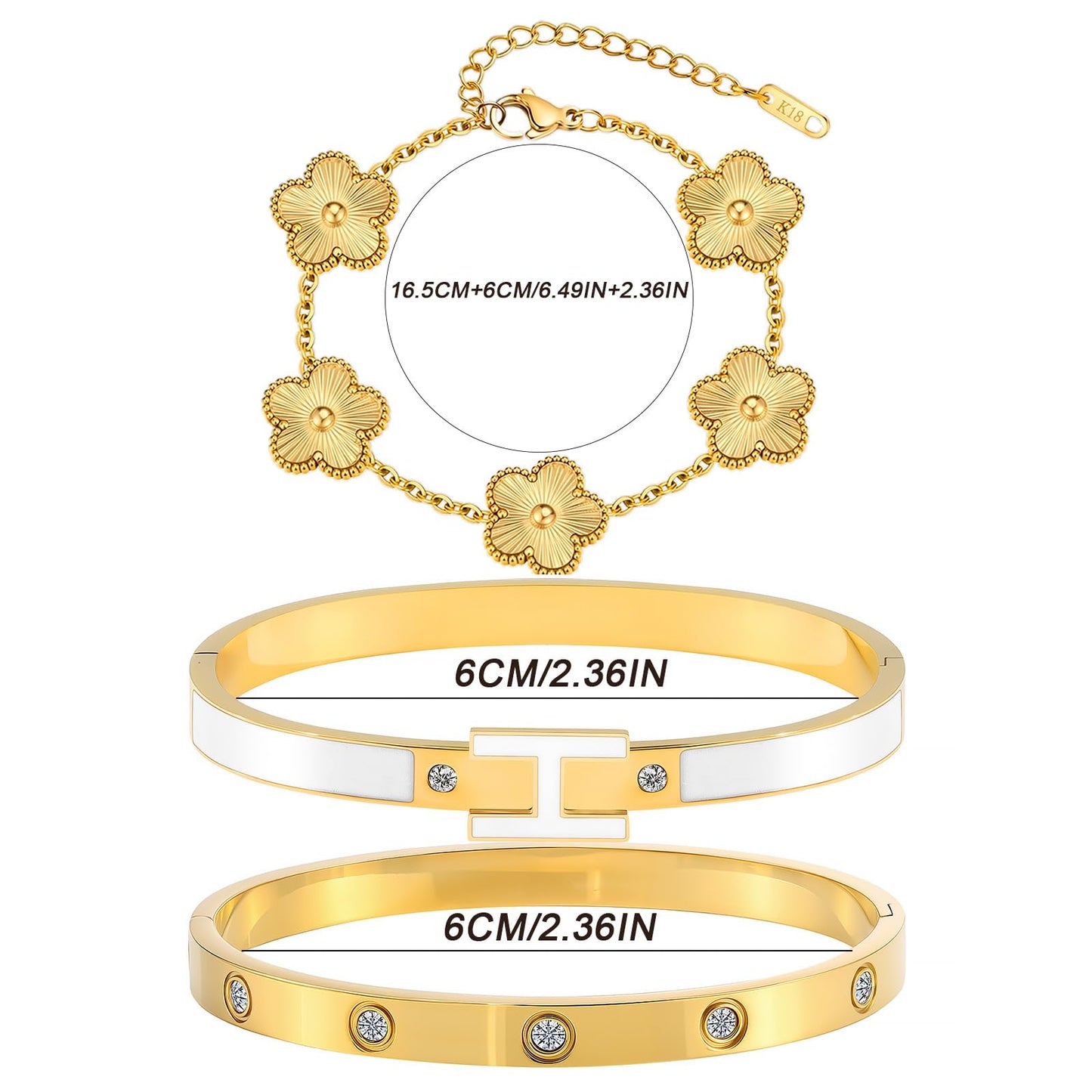 Camhanno Gold Clover Bracelets for Women - 18K Gold Plated Stainless Steel Dainty H Bangle Bracelets| Daily & Party Wear Jewelry, Easter Christmas Mothers Day Gifts
