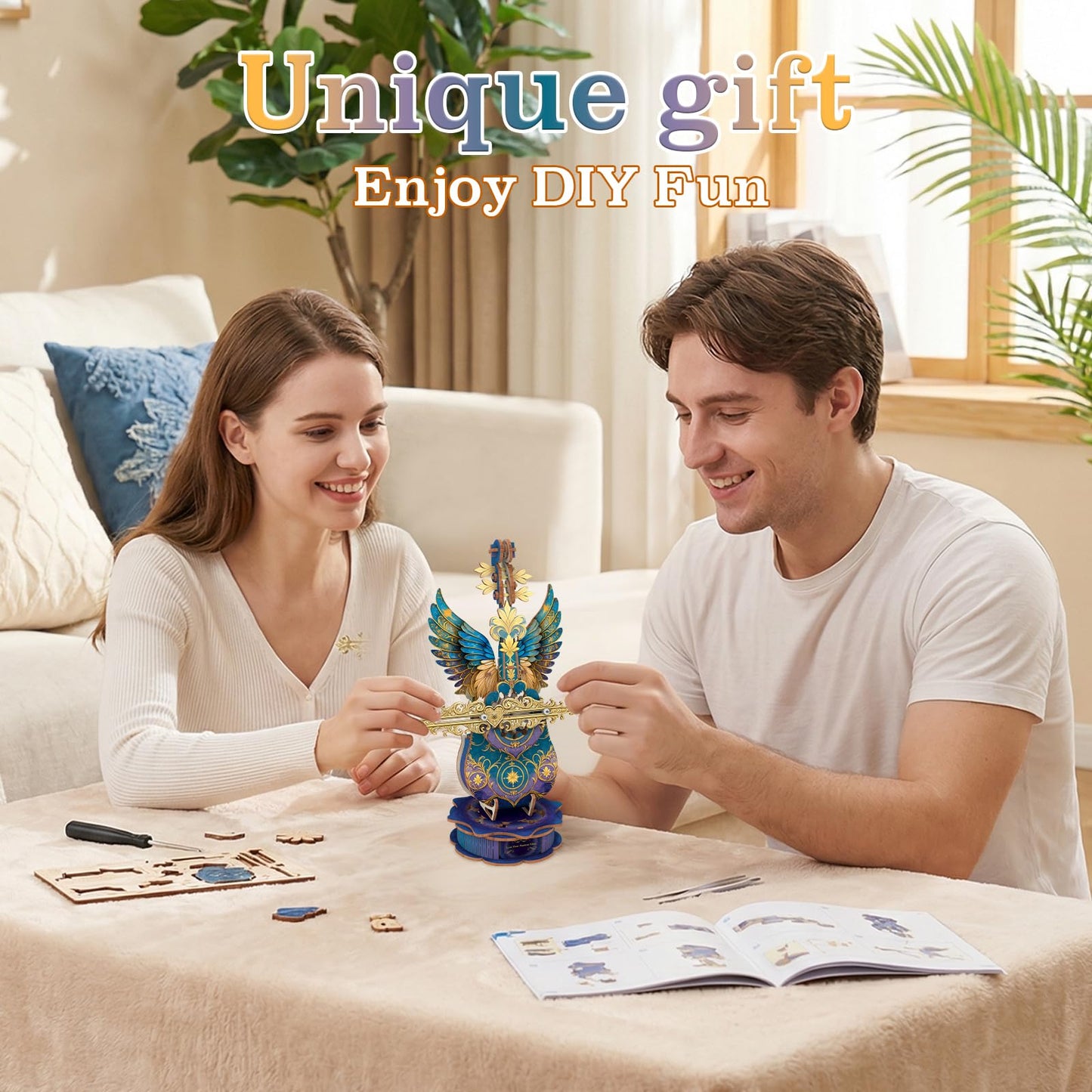 3D Wooden Puzzles for Adults, Mechanical Cello Music Box Kit with Base, DIY Wooden Model Kits to Build, Birthday Valentine's Day Gifts for Women Men, Music Box Puzzle Lover