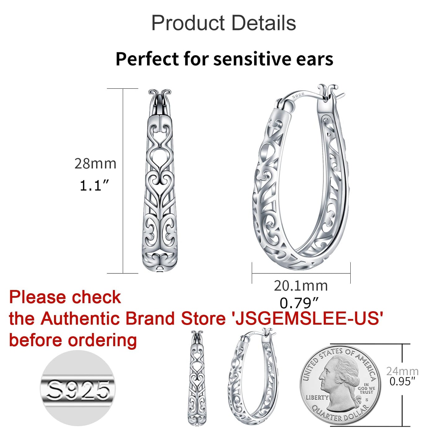 JSGEMSLEE Vintage Filigree Hoop Earrings 925 Sterling Silver Lightweight Oval Hoop Earrings for Women Hypoallergenic Earrings