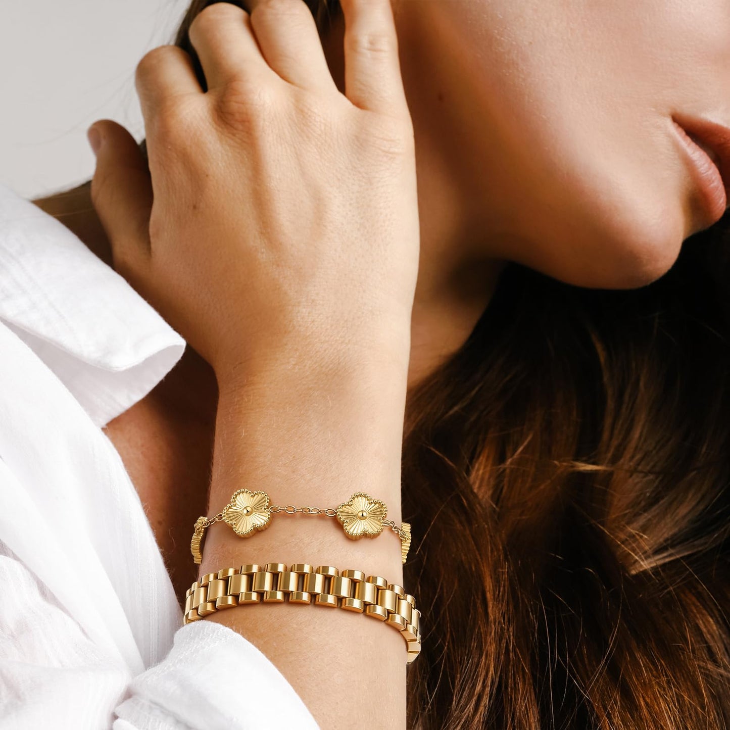 Stackable Gold Floral Bracelets Set - 3pcs 18K Gold Plated Bracelet Non-tarnish,Stainless Steel Link Chain Friendship Bracelet,Watch Band Trendy Jewelry,Christmas Valentines Birthday Gifts for Women