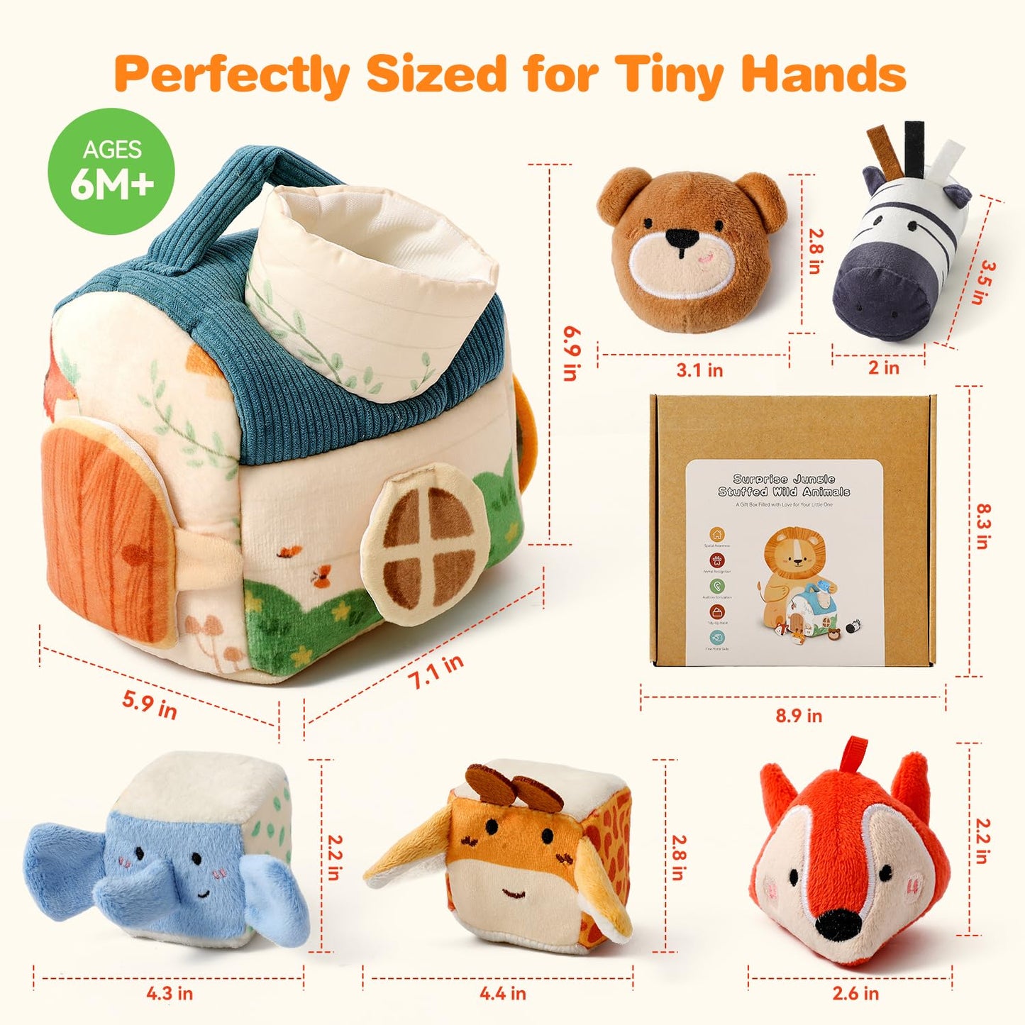 let's make Baby Toys 6-12 Months First Forest Animal Set Soft Barn playset with 5 Stuffed Woodland Animals, Rattle Crinkle Mirror Sensory Montessori Travel Toy Gift for Babies Boy Girl Toddlers 1-3