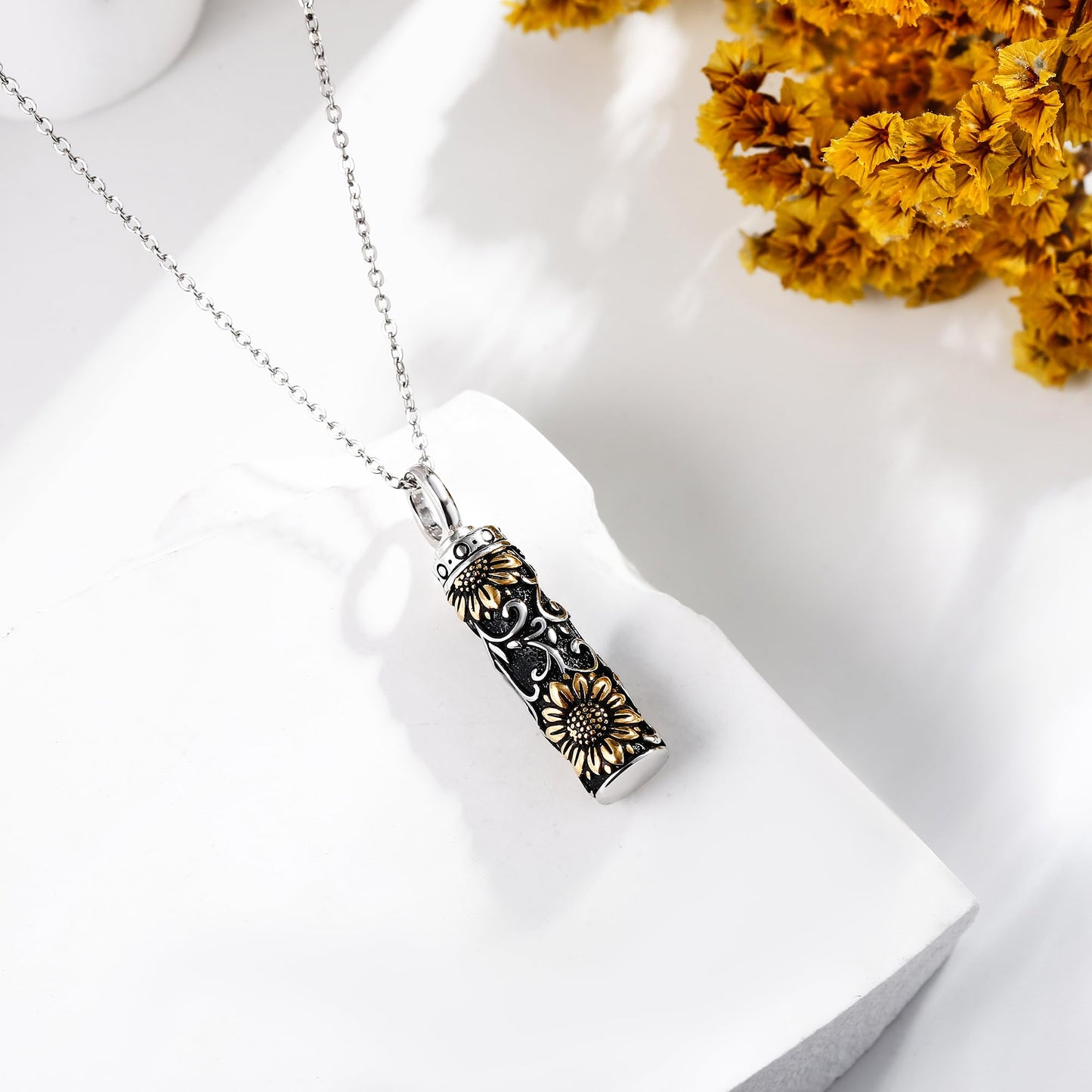 POPLYKE Sunflower Filigree Urn Necklace for Ashes for Women Sterling Silver Cremation Necklace for Ashes Keepsake Jewelry for Human Men
