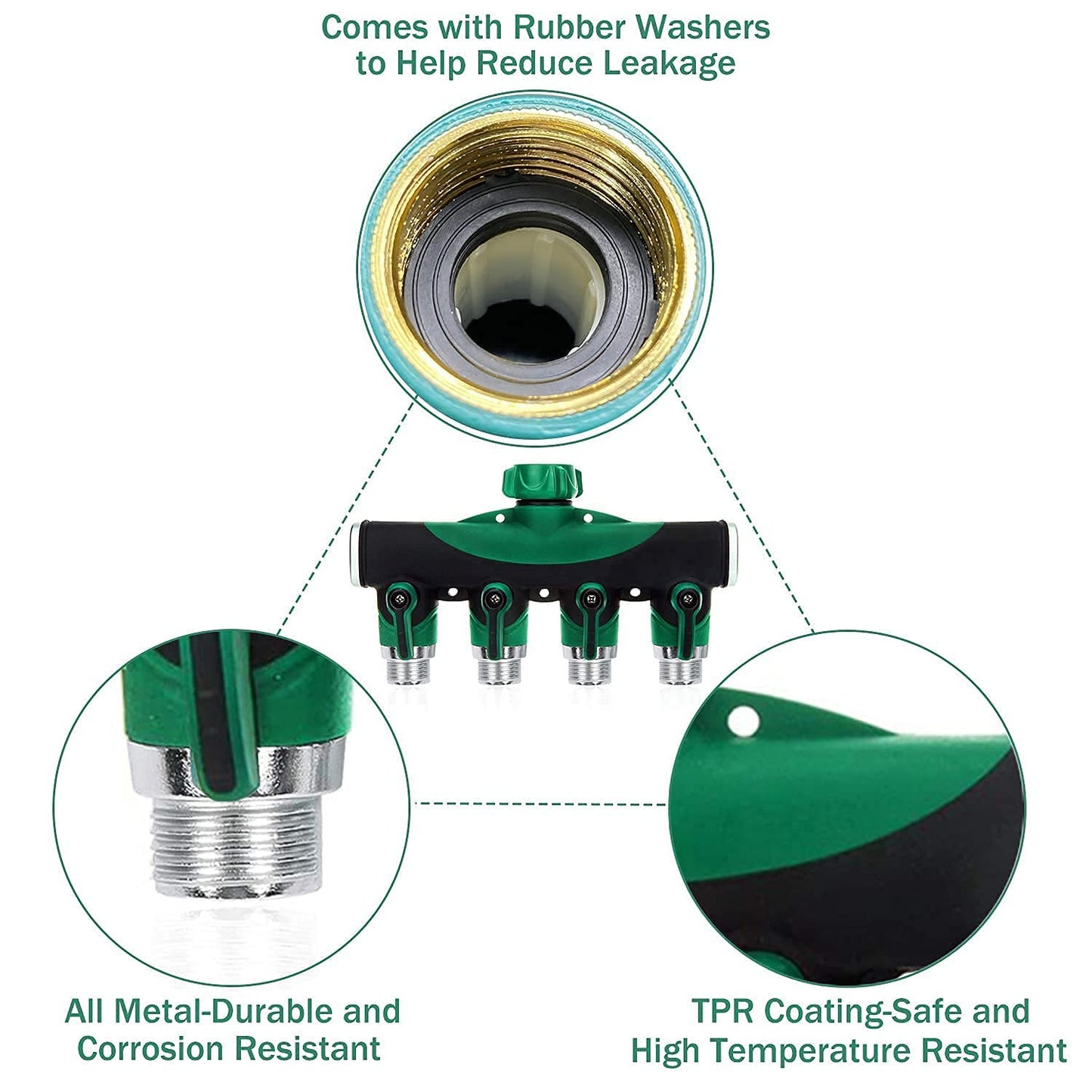 Garden Hose Splitter 4 Way - 3/4 Inch Heavy Duty Metal Water Faucet Splitter with Shut Off Valves 4 Way Leakproof Hose Connectors with Comfortable Rubberized Grip for Gardening Hoses 5 Washers