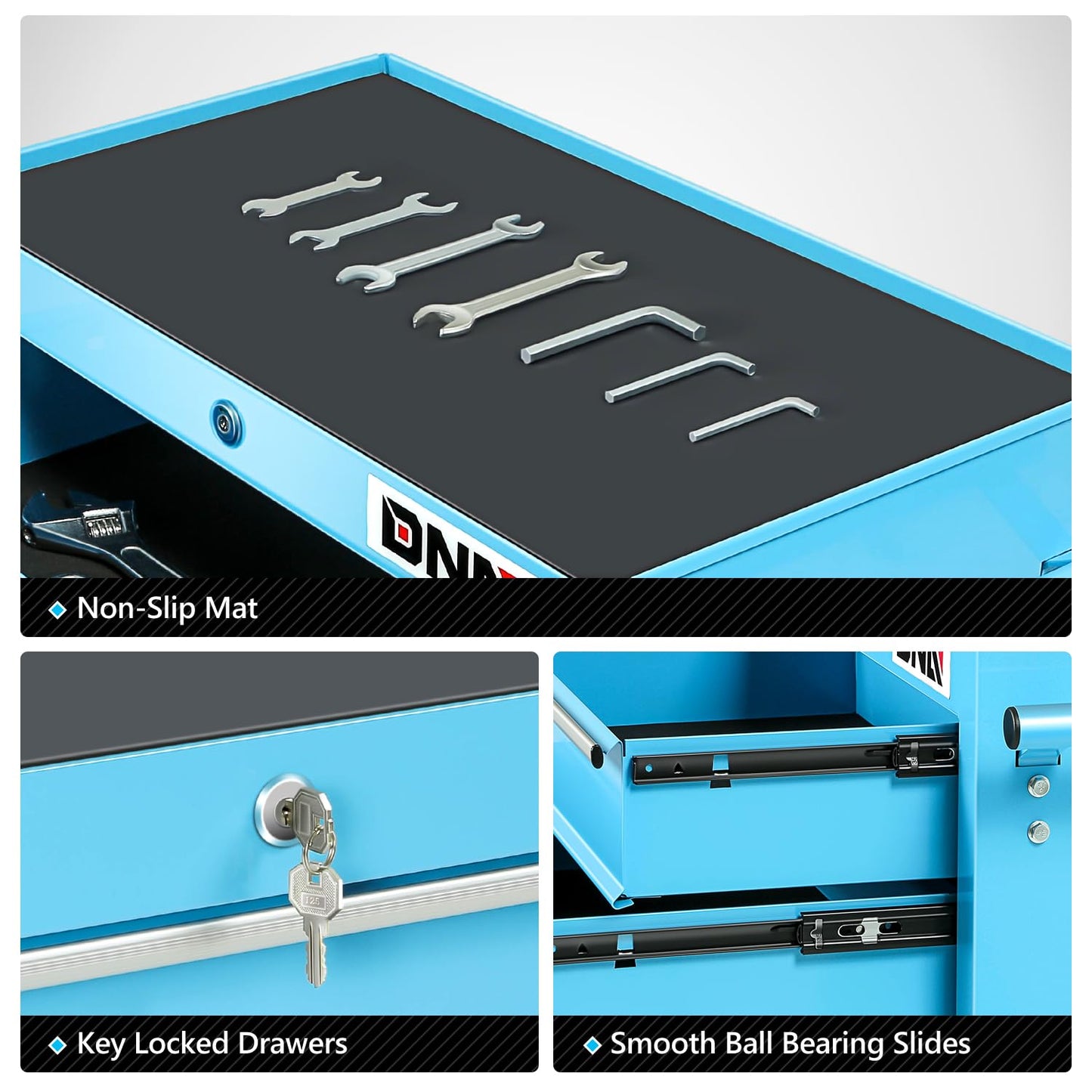 DNA Motoring 5-Drawer Plastic Top Rolling Tool Cabinet with Keyed Locking System,13" D x 24.5" W x 30.3" H, Blue, TOOLS-00485