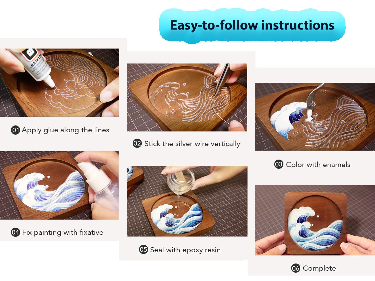 Blauwhim Wooden Coasters Craft Kits – Filigree Enamels Painting DIY Coasters Art Projects Materials & Tools Package – Crafts for Adults, Hobby, Seniors, Women, Teens (Great Waves)