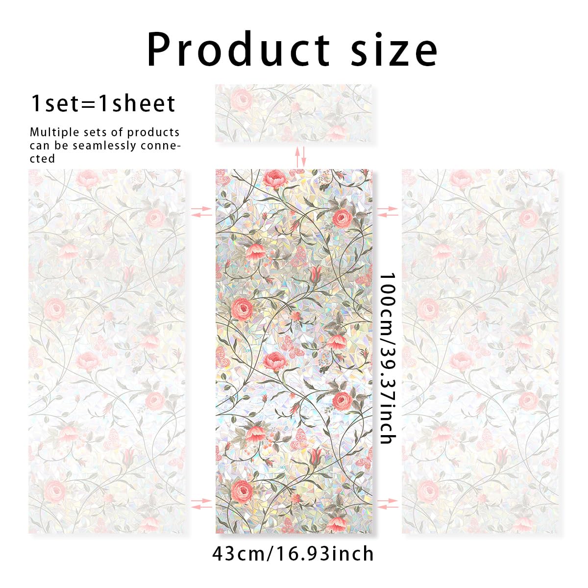 Runtoo Window Privacy Film Rainbow Rose Floral Window Clings 3D Decorative Vinyl Stained Glass Boho Pink Peony Flowers Decals Static Sticker Non-Adhesive, 15.75 x 40 inches