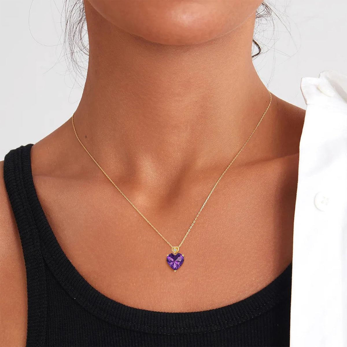 NFYBD 14k Gold Love Heart Amethyst Birthstone Pendant Necklace for Women 3 Carat Heart-cut Created Gemstone Anniversary Birthday Mother's Day Necklaces for Her 16+1+1 inch-Feb