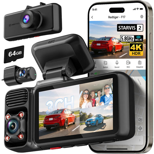 REDTIGER F17 4K 3 Channel Dash Cam, STARVIS 2 IMX675 HDR, 2160P+1080P+1080P Front Inside and Rear Triple Car Camera with 64GB Card, 5.8GHz WiFi GPS, IR Night Vision, G Sensor, WDR, Parking Mode