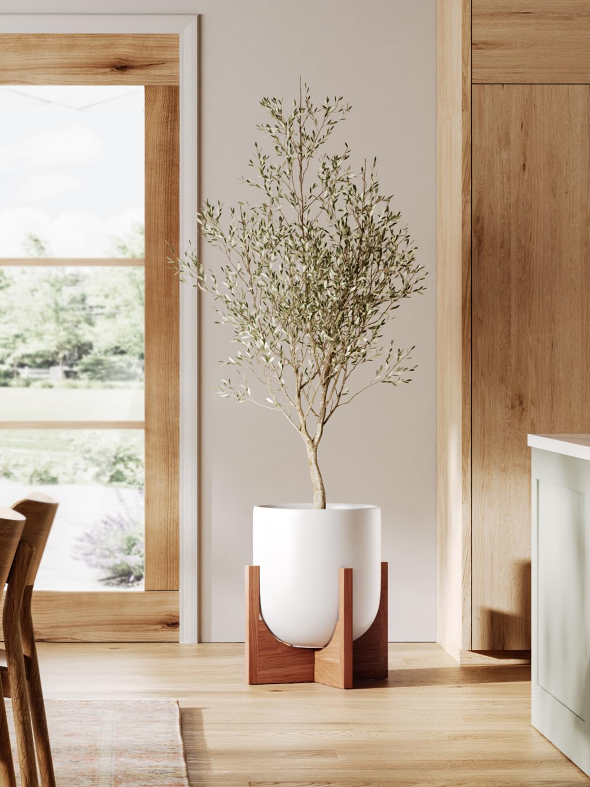 LE TAUCI 10 Inch Plant Pot with Acacia Wood Stand, Ceramic Planters for Indoor Plants, Unique Plant Pots Indoor for Home Decor, Mid-Century Modern Pots for Plants with Drainage Hole and Plug, White