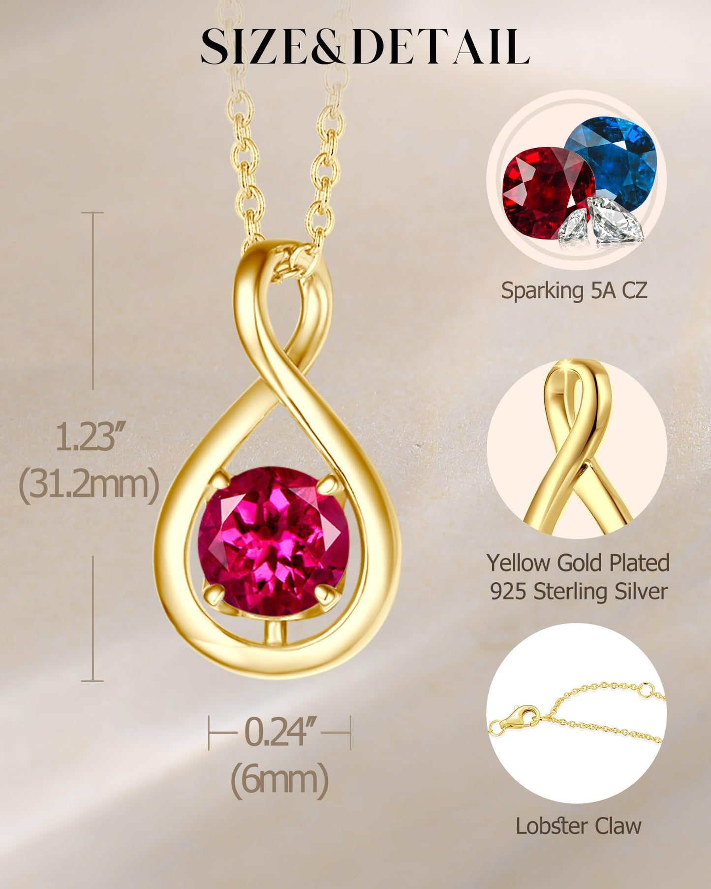 FANCIME Ruby Necklace July Birthstone for Women Yellow Gold Plated 925 Sterling Silver Infinity Pendant Red Gemstone Fine Jewelry Birthday Mothers Day Gifts for Mom Her