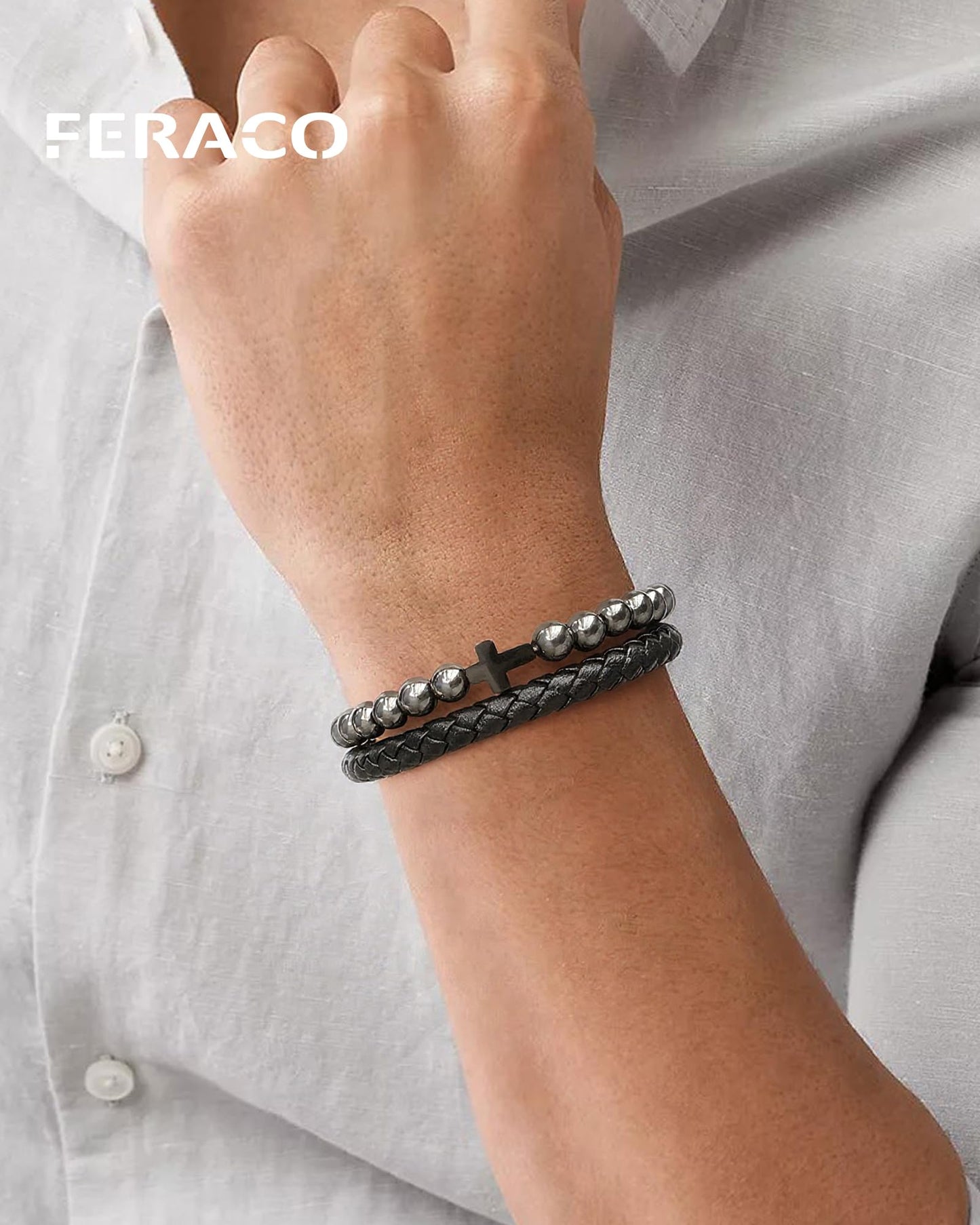 Feraco Magnetic Therapy Cross Braided Leather Bracelet for Men,Hematite Beads Charm Bracelet for Dad,Friends,Brother,Sons