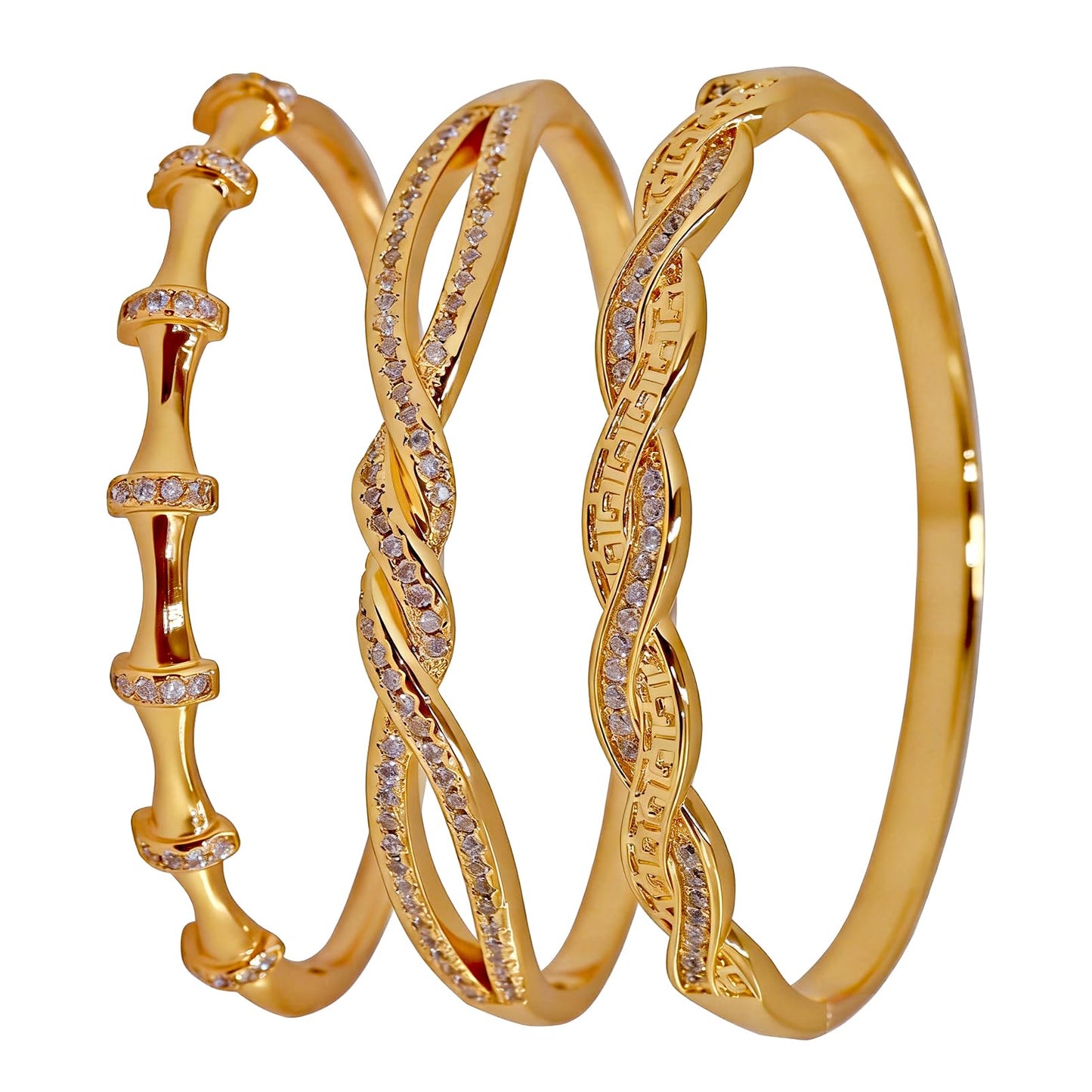 FIVESWEET 3PCS Gold Bangle Bracelet Set for Women, Copper Inlaid with 3A Zircon, Stackable Trendy Jewelry, 2.4 Inch, Great Gift for Her Girlfriend Wife Mom Sister Lover on Birthday Christmas Valentine's Day Mother's Day (Bamboo Joint & Twisted Rope)