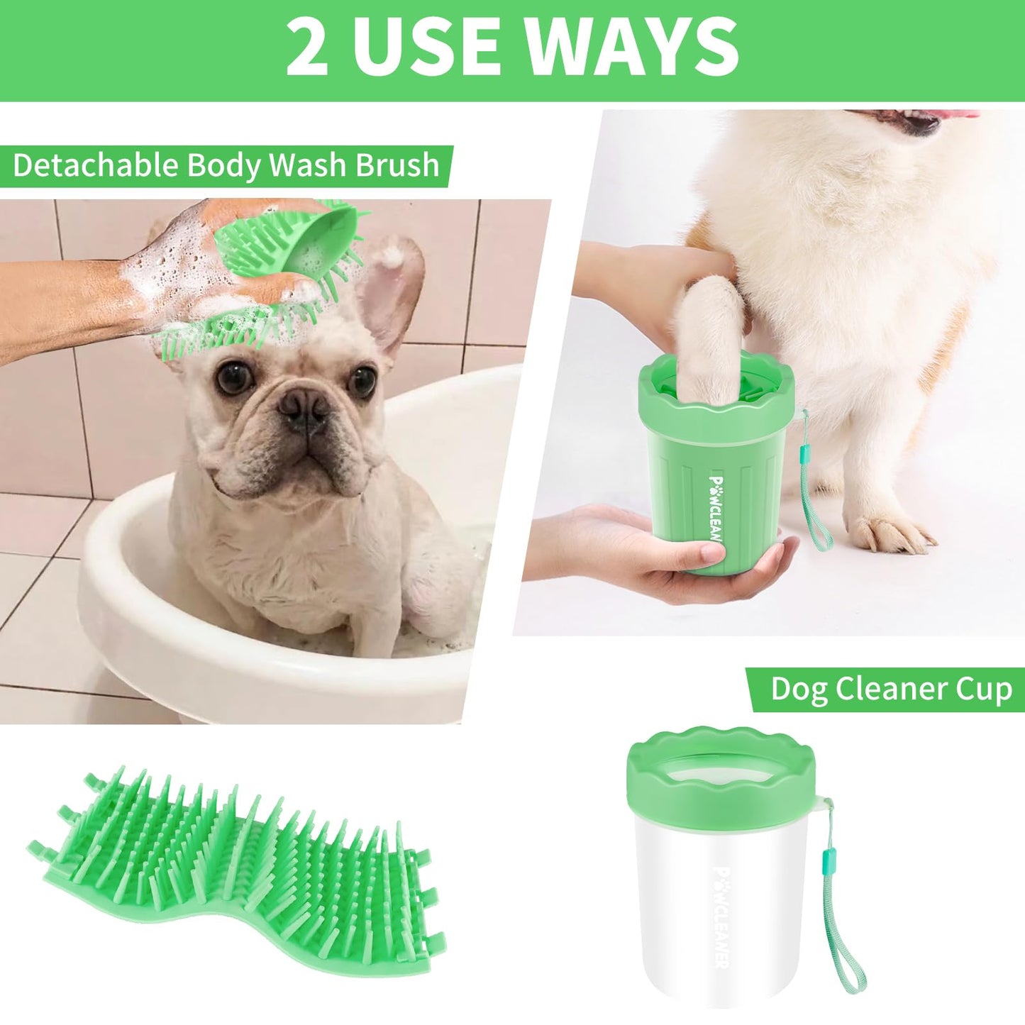 Professional 7 in 1 Dog Paw Cleaner for Dogs & Cats - Includes 1 Portable Paw Washer, 1 Bath Brush, 2 Dog Toothbrushes and 3 Absorbent Towels Note: Fits Paws up to 2 Inches Wide (Small, Light Green)