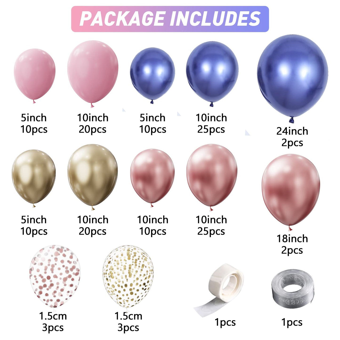 Navy Blue Rose Gold Pink Gold Confetti Latex Balloons with 140pcs 18/10/5/Inch Metallic Chrome Balloons for Birthday Party Wedding Graduation Bridal Shower Decorations (Navy Blue)