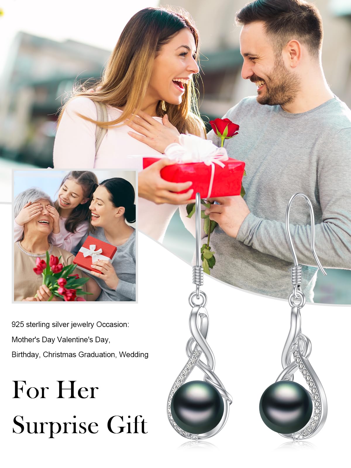 KANNSOAR 925 Sterling Silver 7MM Tahitian Black Pearl Dangle Drop Earrings, 18K White Gold Plated, Everyday Infinity Earrings for Women Hypoallergenic Jewelry Gift for Anniversary Birthday Christmas