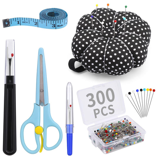 300 Pieces Multicolor Sewing Pins - Pin Cushion 32mm Straight Quilting Pins Including Sewing Seam Ripper Scissors Soft Tape Measure for Dressmaking Jewelry Decoration