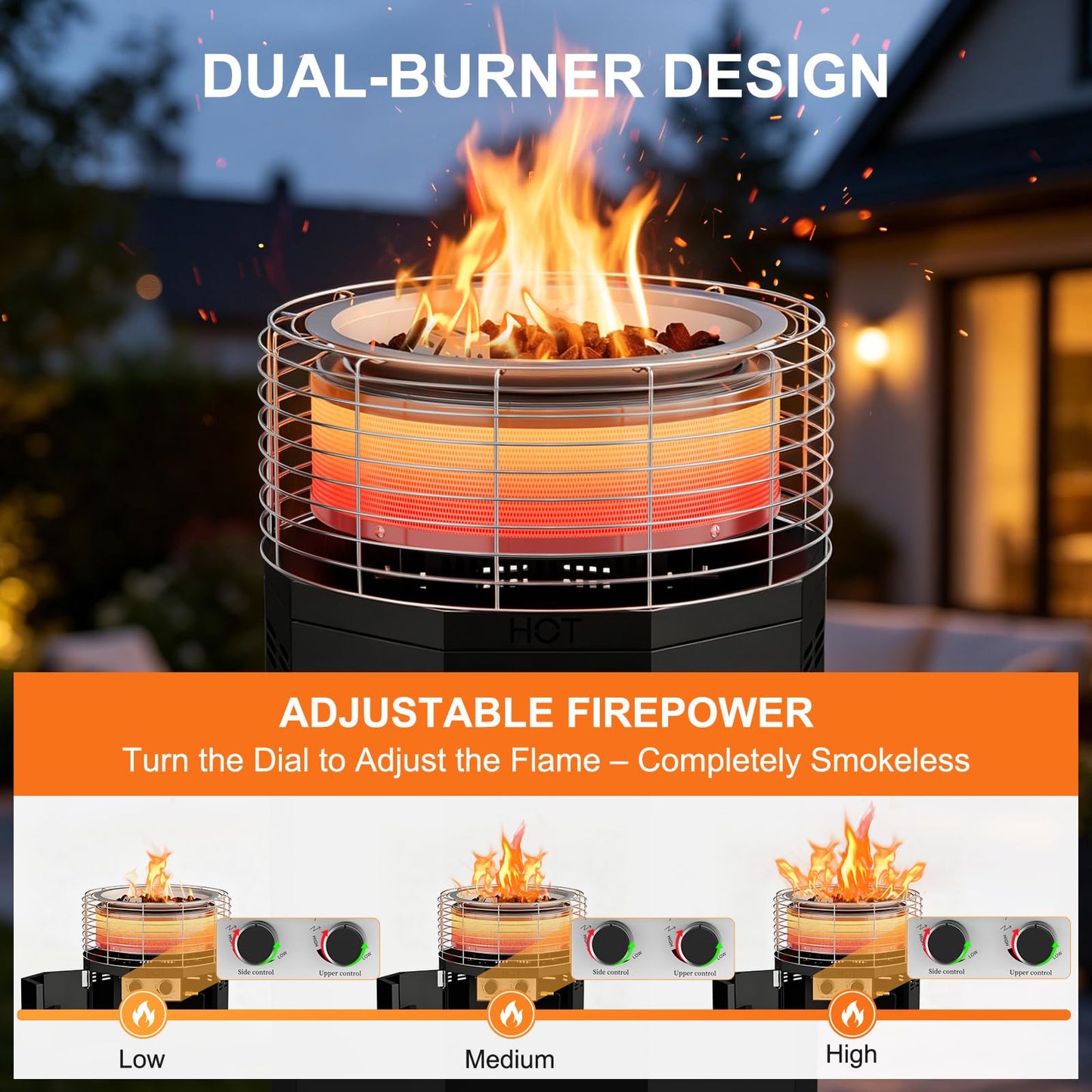 SUNYRISY Outdoor Smokeless Fire Pit for Patio, Dual-Burner 3 Modes Portable Outdoor Heater Stainless Steel Propane Fire Pit for Outside, Deck, Camping, Easy Control and Push to Start Ignition