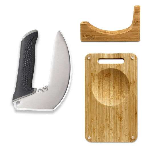 NULU Bundle Ergonomic Kitchen Knife Signature Bamboo Cutting Board and Bamboo Knife Dock