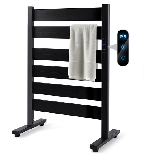Towel Warmer Rack with 6 Widened Bars, Wall-Mounted Heated Towel Dryer with Timer, LED Display, 3 Temp Levels, Plug Overheat Protection, for Bathroom Spa Laundry (Matte Black)